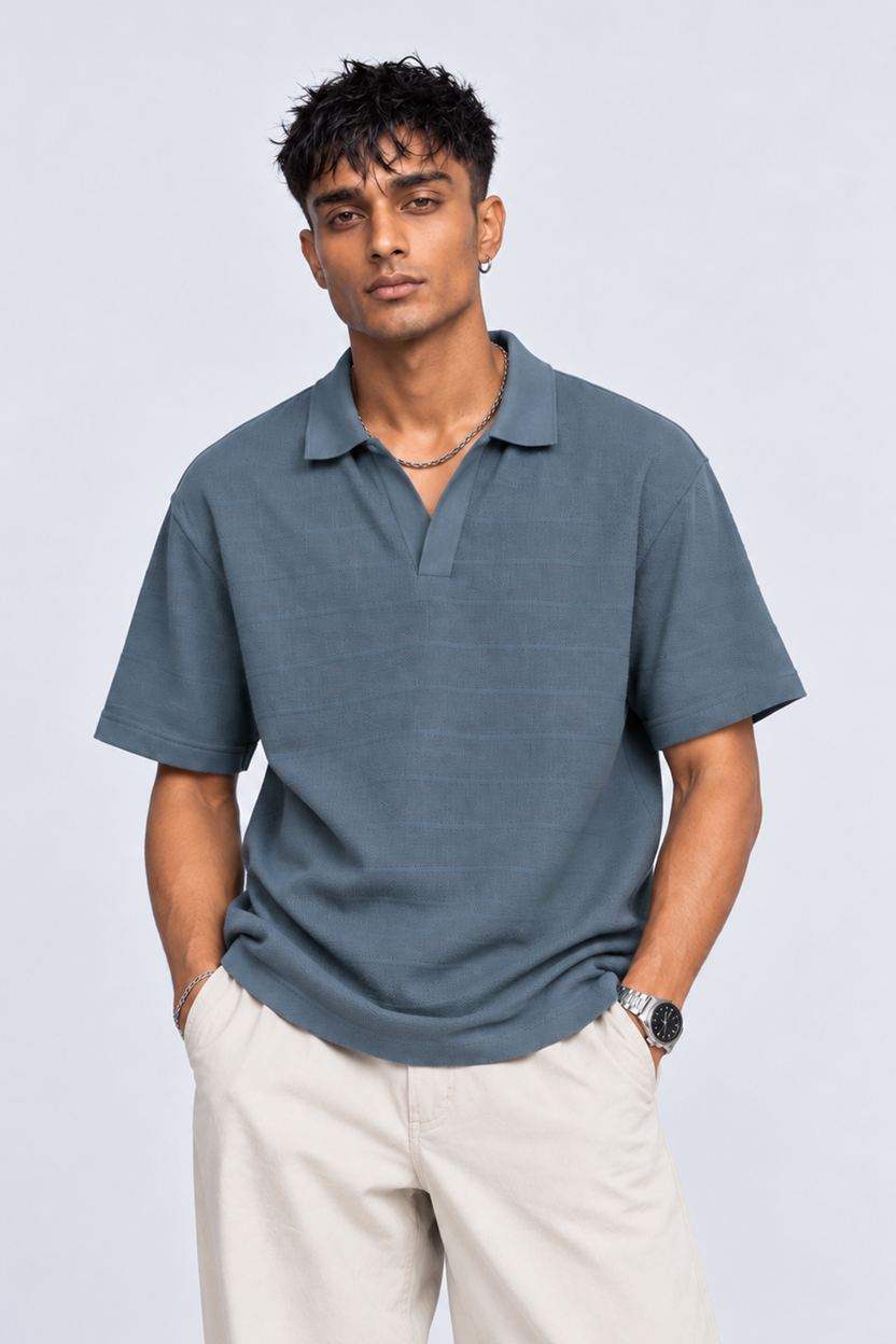 Mens Blue Textured Polo T-Shirt - Image 1