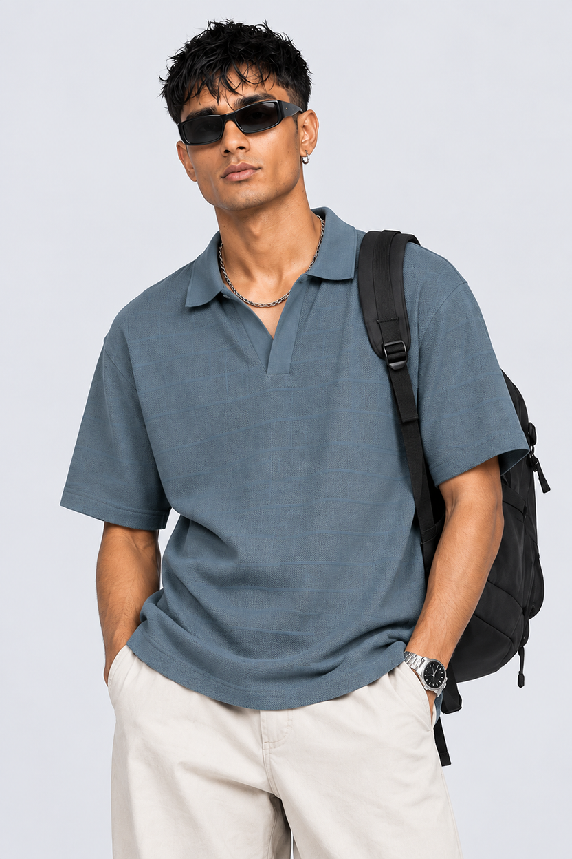 Mens Blue Textured Polo T-Shirt - Image 2