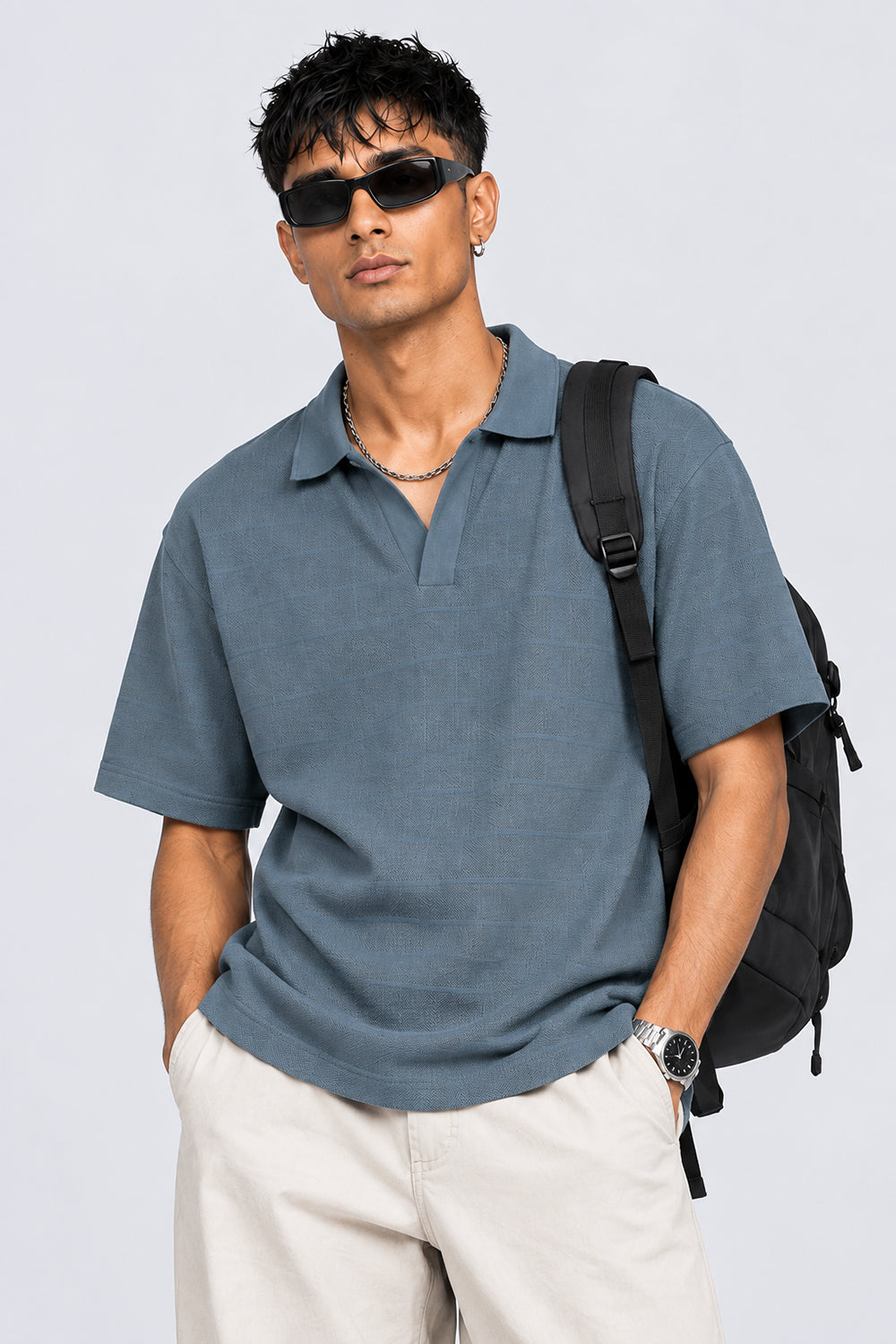 Mens Blue Textured Polo T-Shirt - Image 2