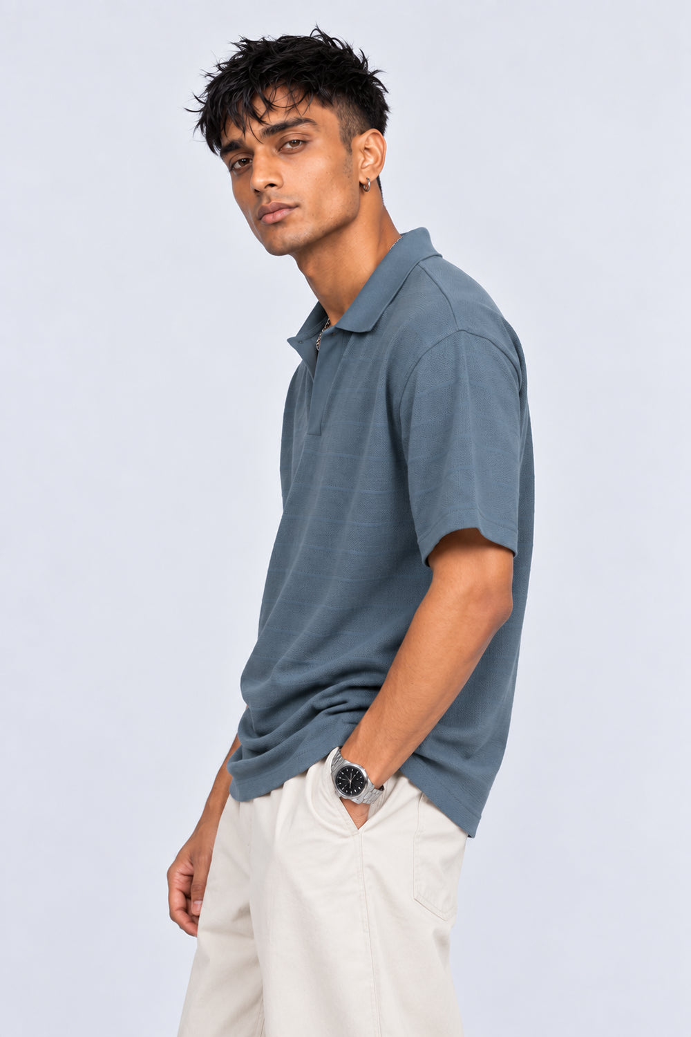 Mens Blue Textured Polo T-Shirt - Image 4