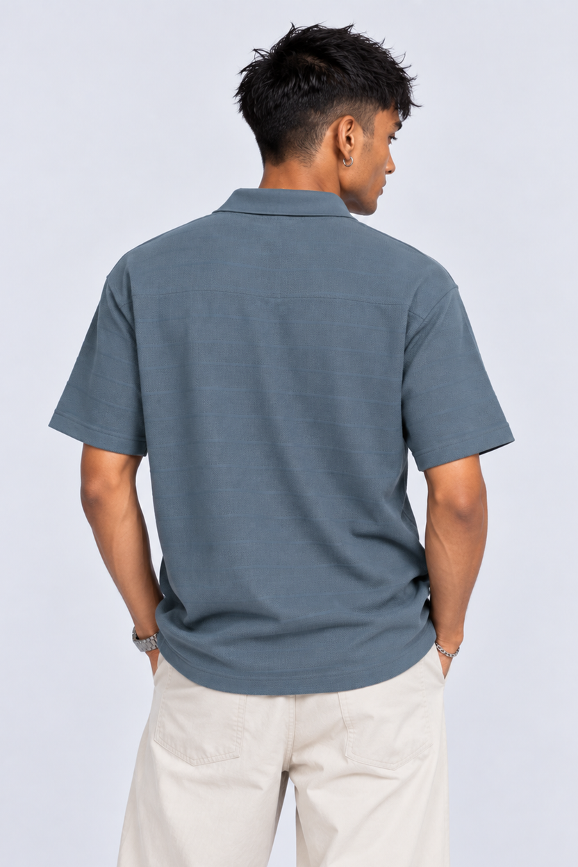 Mens Blue Textured Polo T-Shirt - Image 5