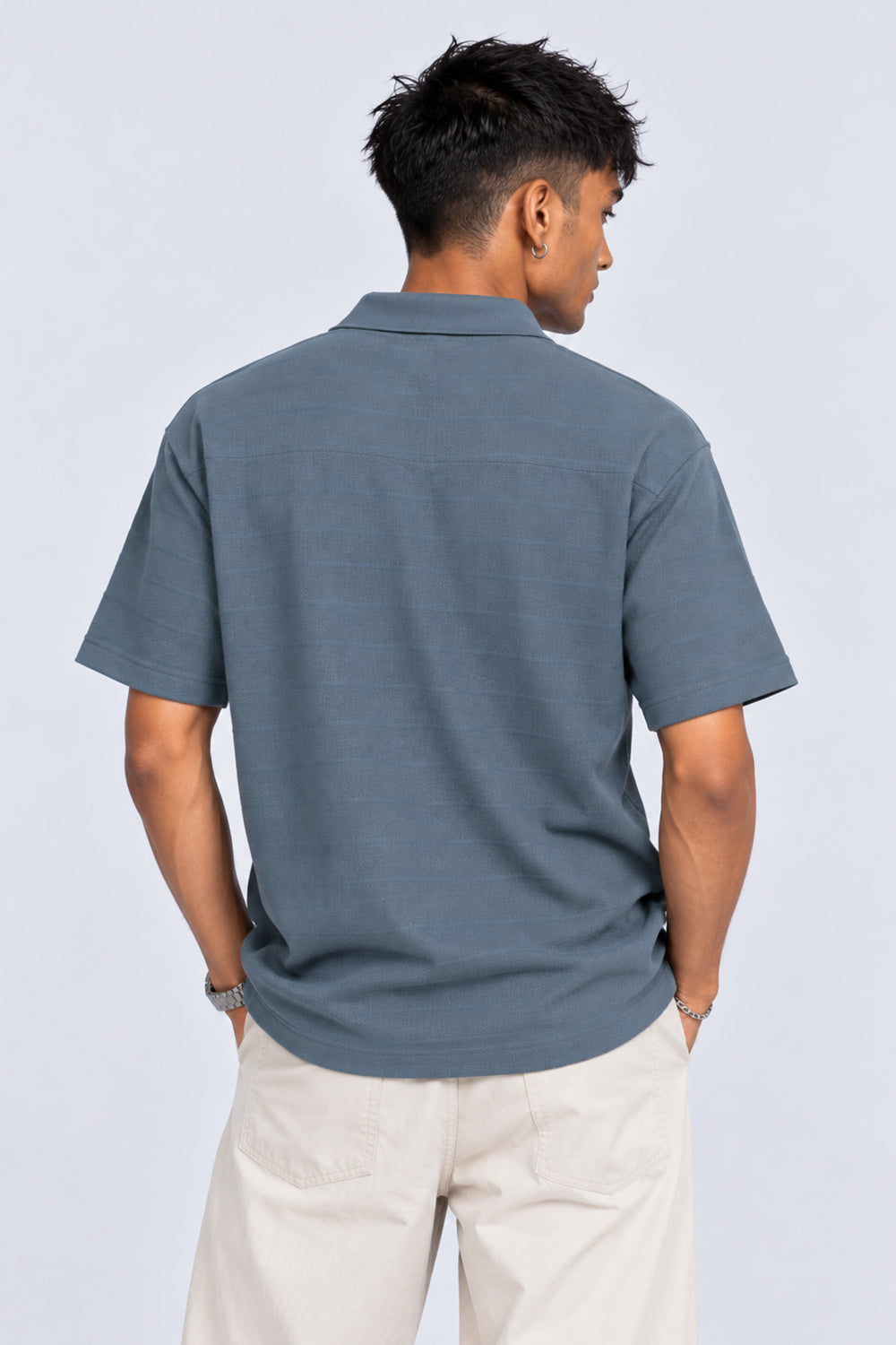 Mens Blue Textured Polo T-Shirt - Image 5