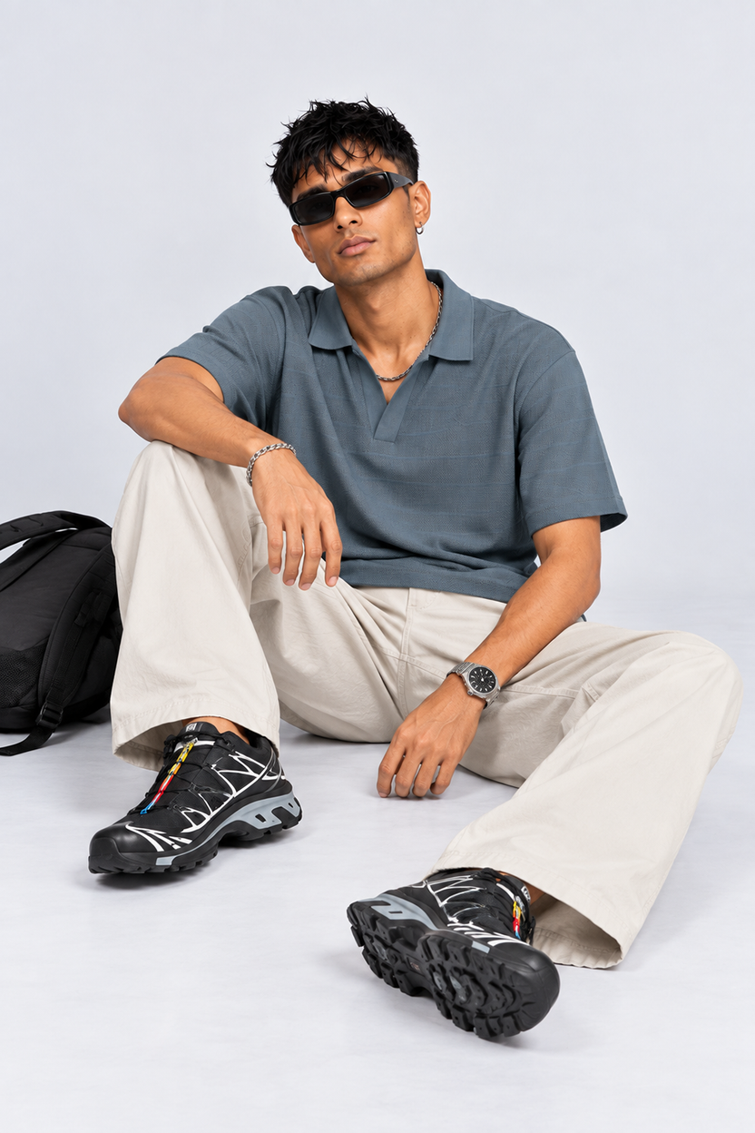 Mens Blue Textured Polo T-Shirt - Image 6