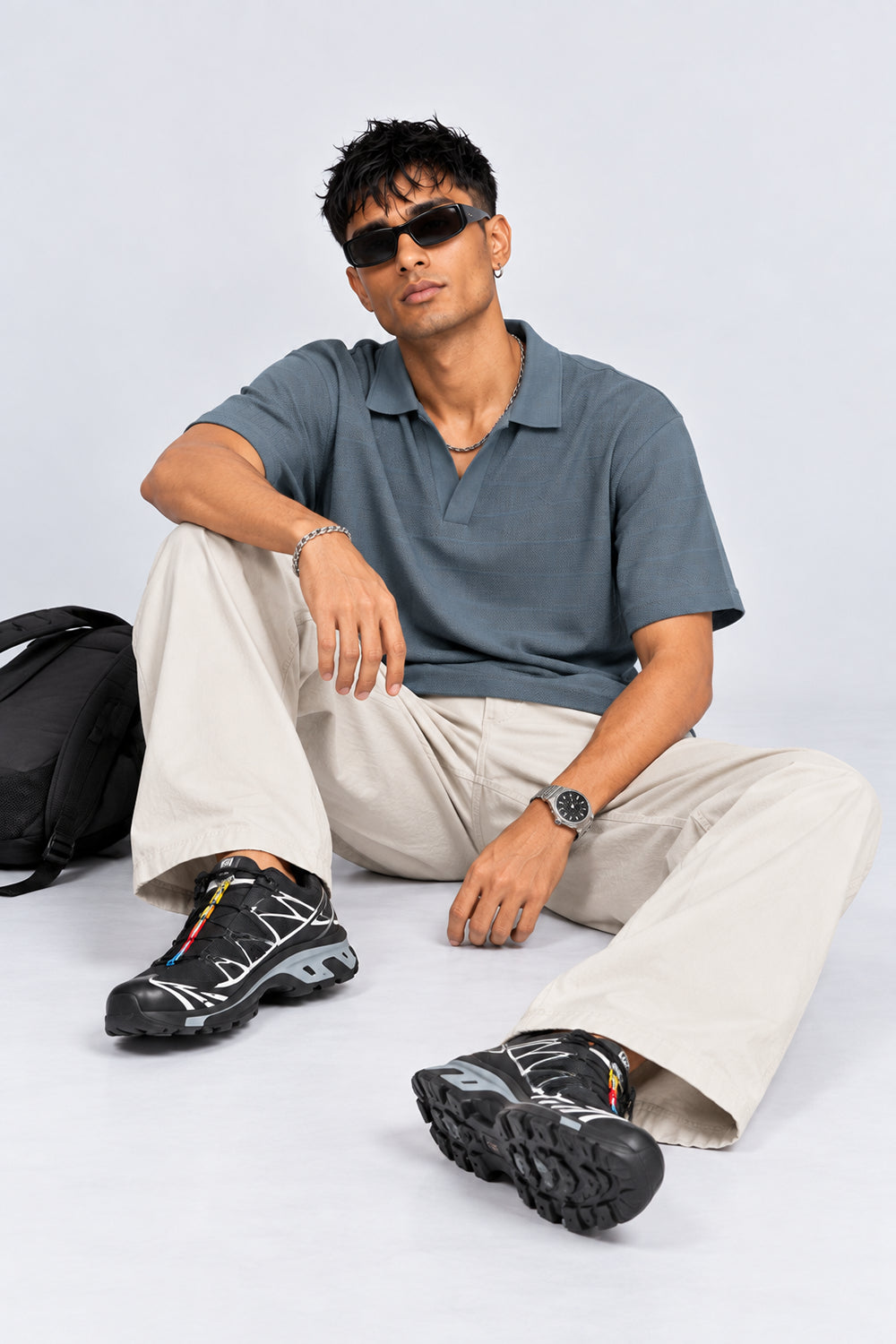 Mens Blue Textured Polo T-Shirt - Image 6