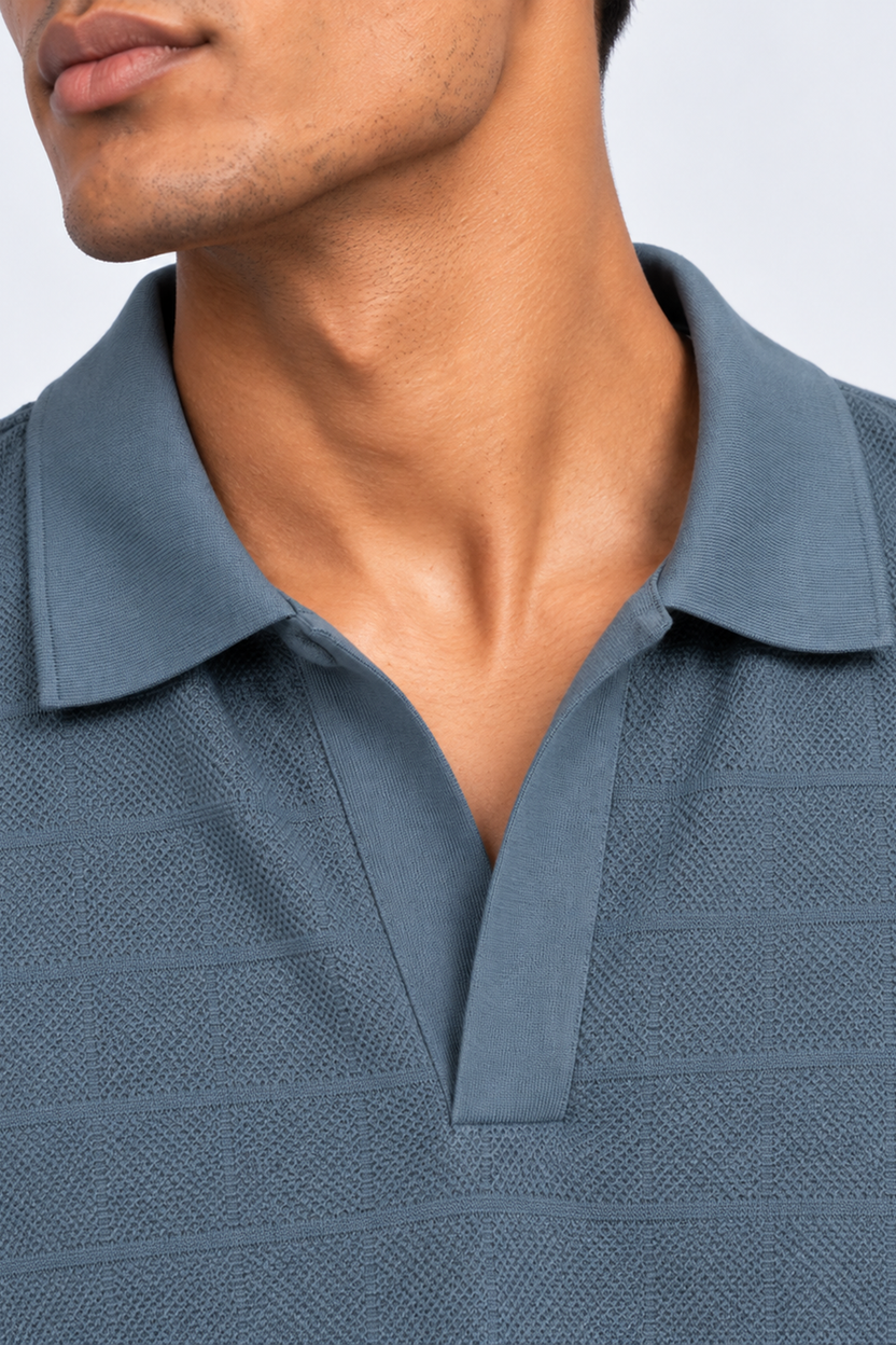 Mens Blue Textured Polo T-Shirt - Image 9