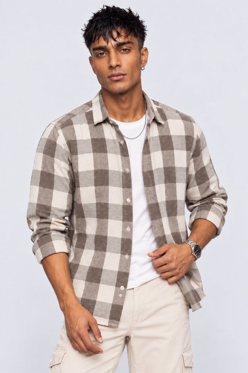 Mens Light Brown Checked Casual Cotton Shirt - Image 1