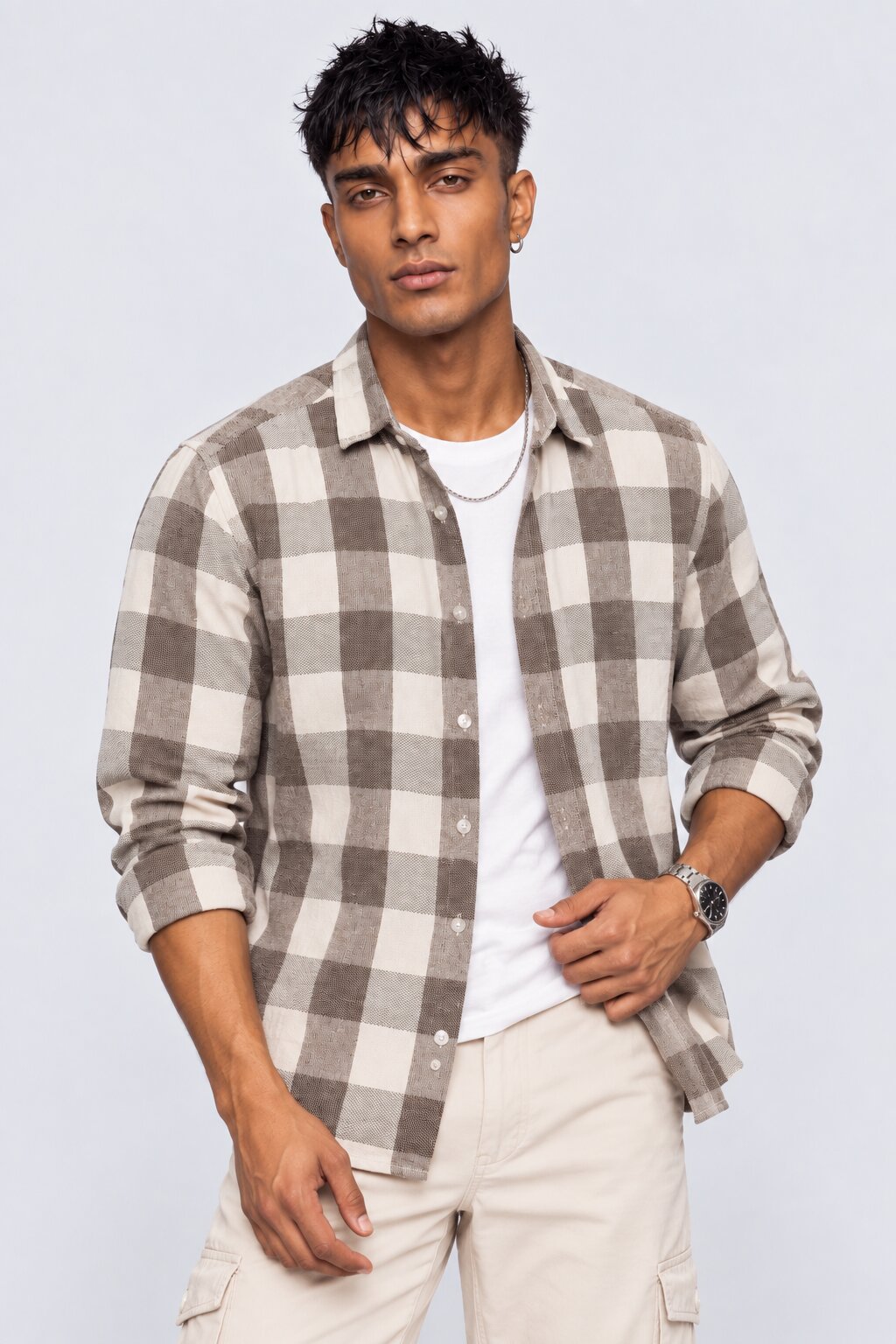 Mens Light Brown Checked Casual Cotton Shirt - Image 1