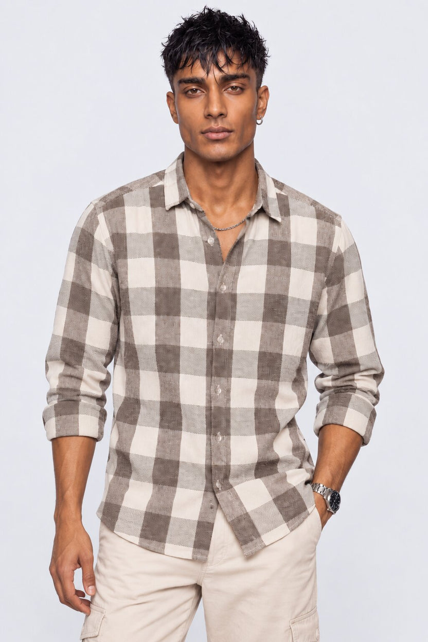 Mens Light Brown Checked Casual Cotton Shirt - Image 2