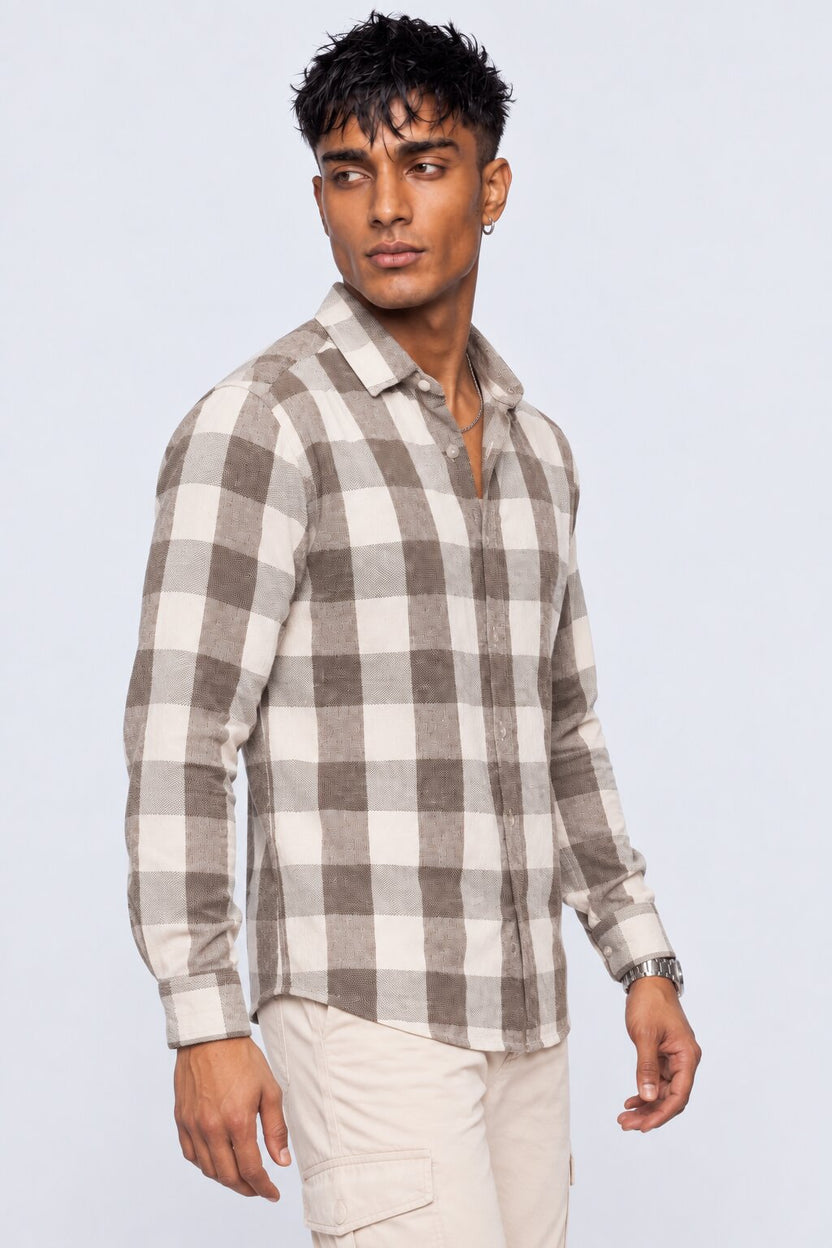 Mens Light Brown Checked Casual Cotton Shirt - Image 4