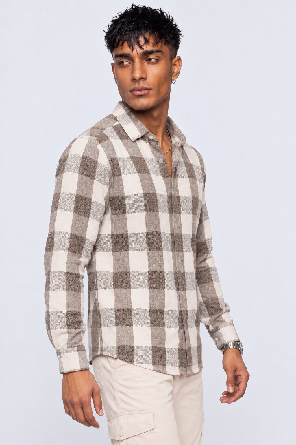 Mens Light Brown Checked Casual Cotton Shirt - Image 4