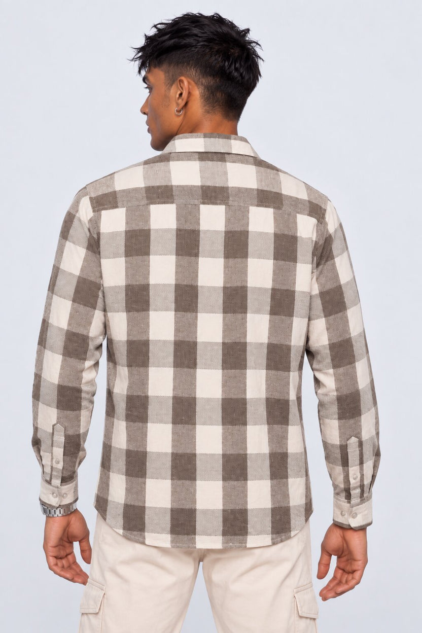 Mens Light Brown Checked Casual Cotton Shirt - Image 5