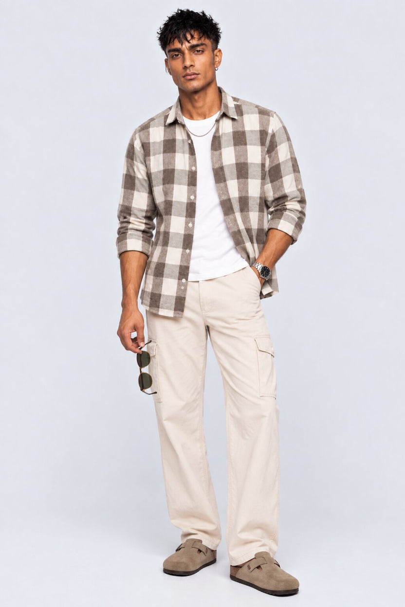 Mens Light Brown Checked Casual Cotton Shirt - Image 6