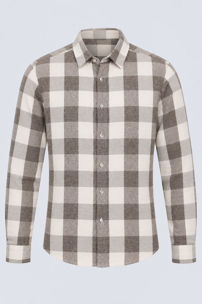 Mens Light Brown Checked Casual Cotton Shirt - Image 7