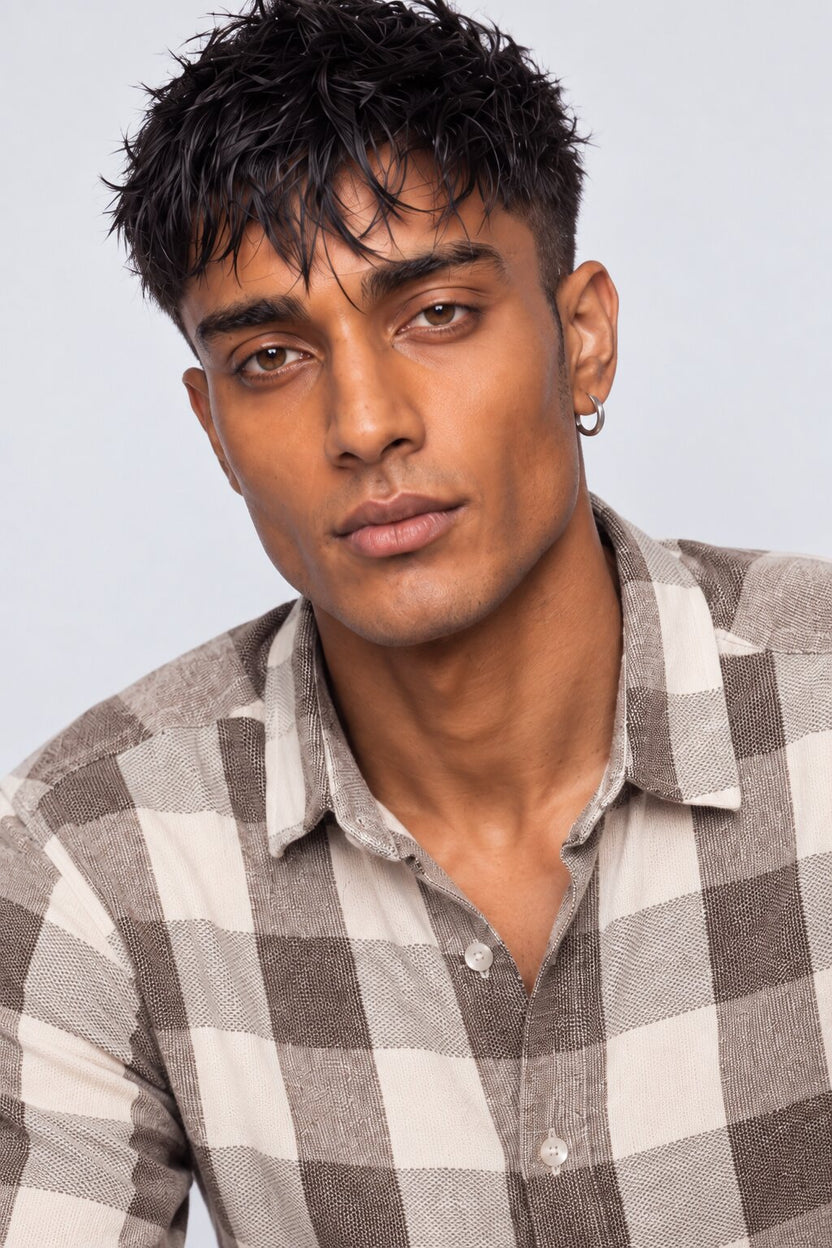Mens Light Brown Checked Casual Cotton Shirt - Image 9