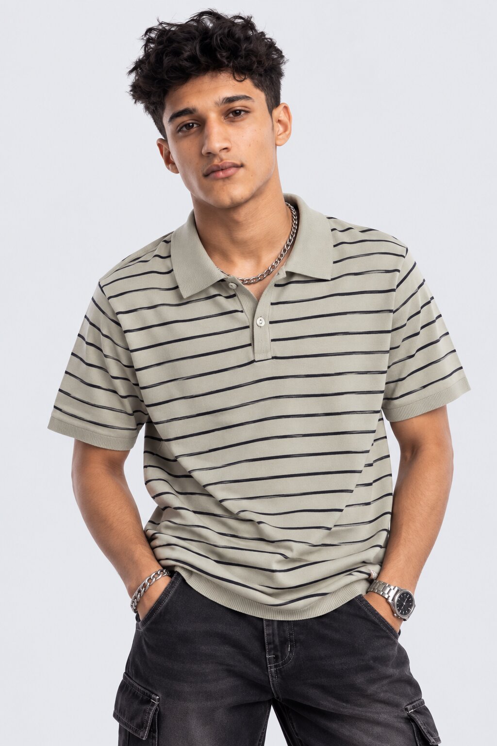 Mens Sage Green Striped Polo T-Shirt - Image 1
