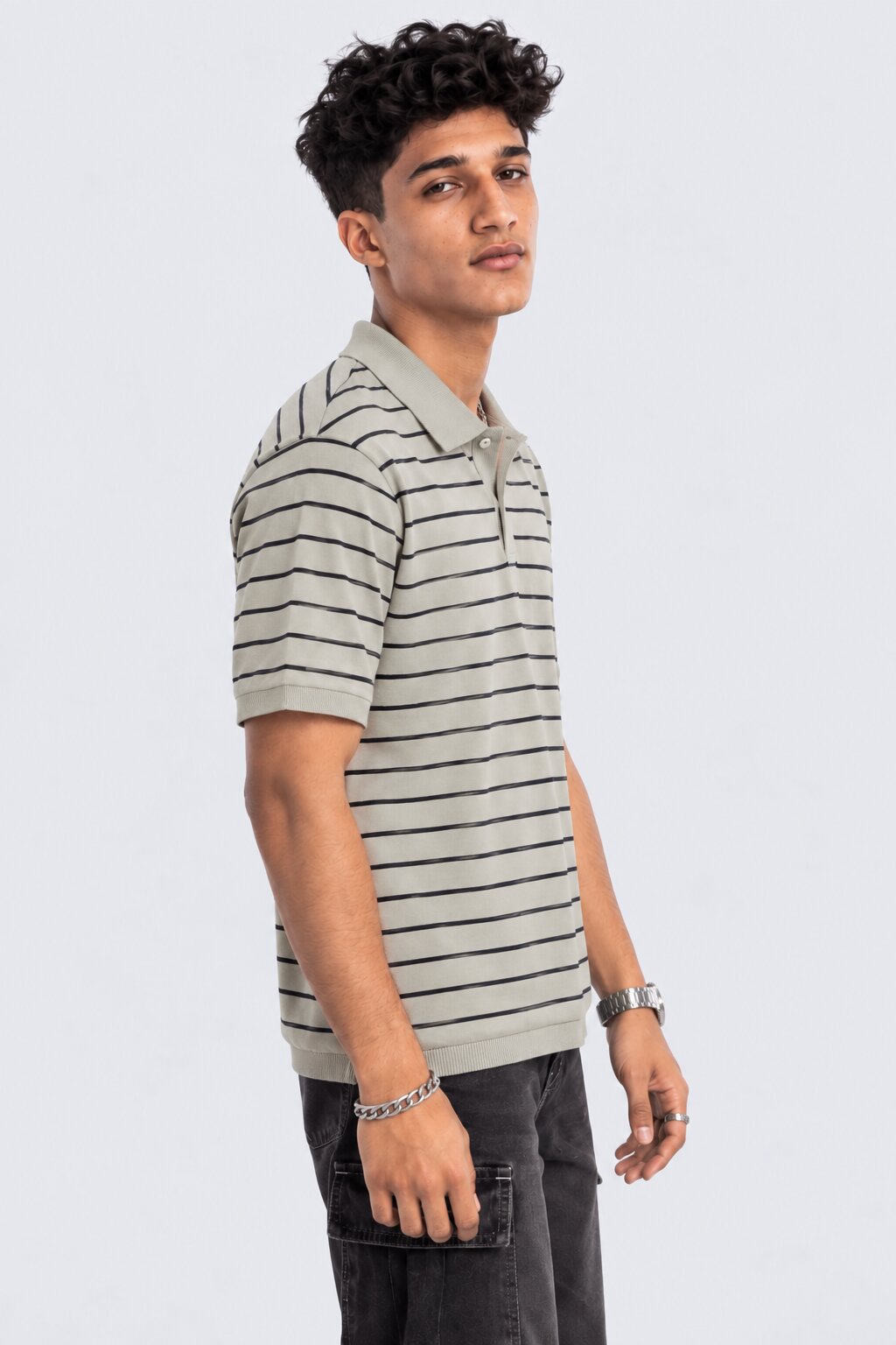 Mens Sage Green Striped Polo T-Shirt - Image 2