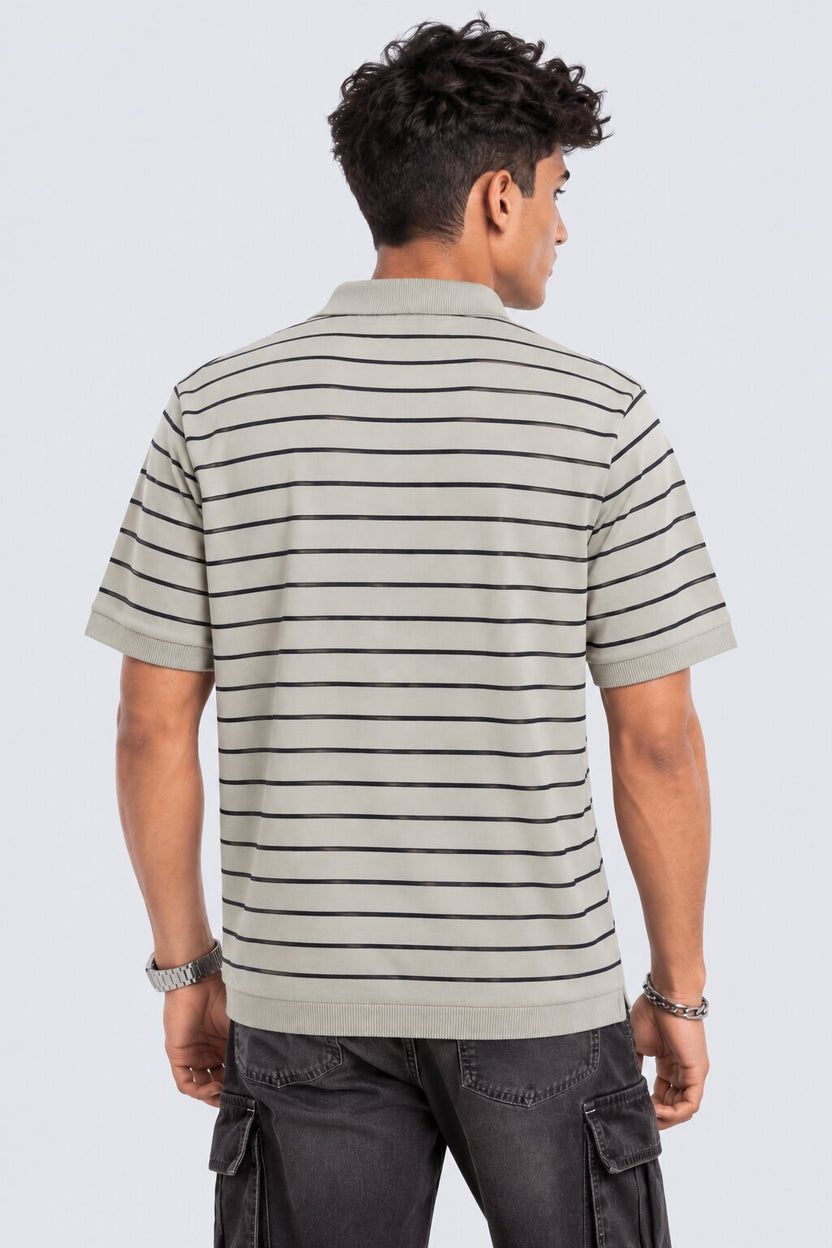 Mens Sage Green Striped Polo T-Shirt - Image 4