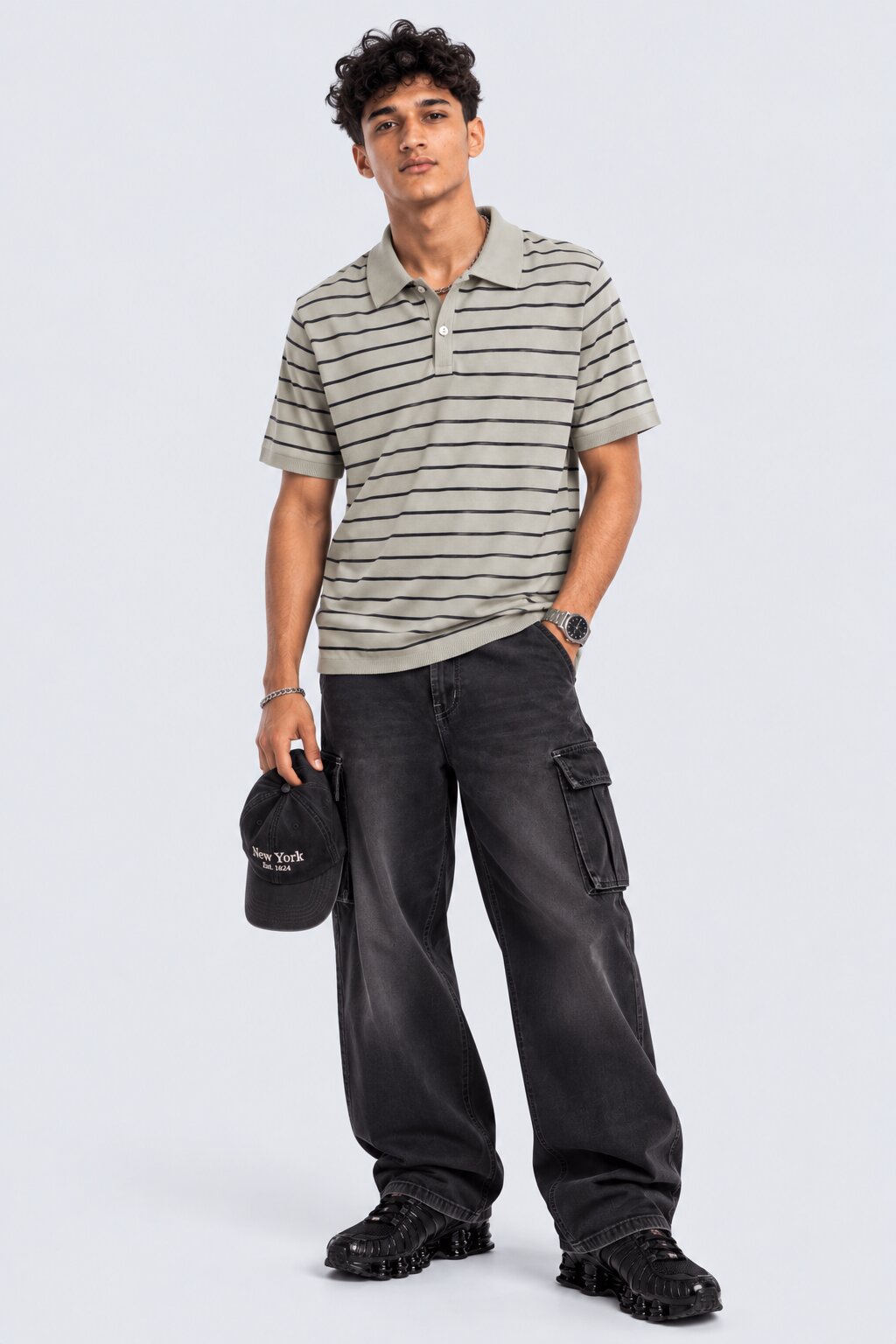 Mens Sage Green Striped Polo T-Shirt - Image 5