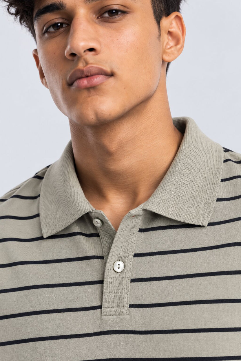 Mens Sage Green Striped Polo T-Shirt - Image 8