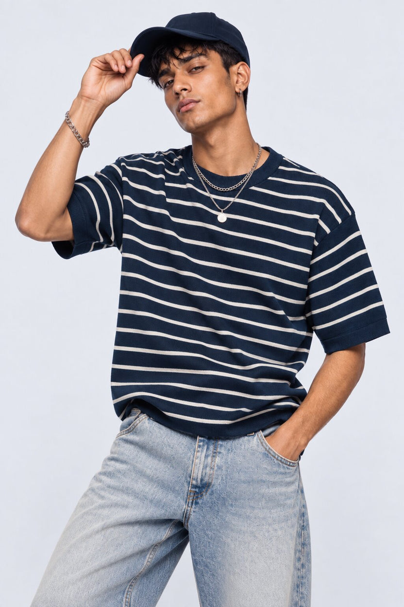 Mens Navy Striped Cotton Blend T-Shirt - Image 1