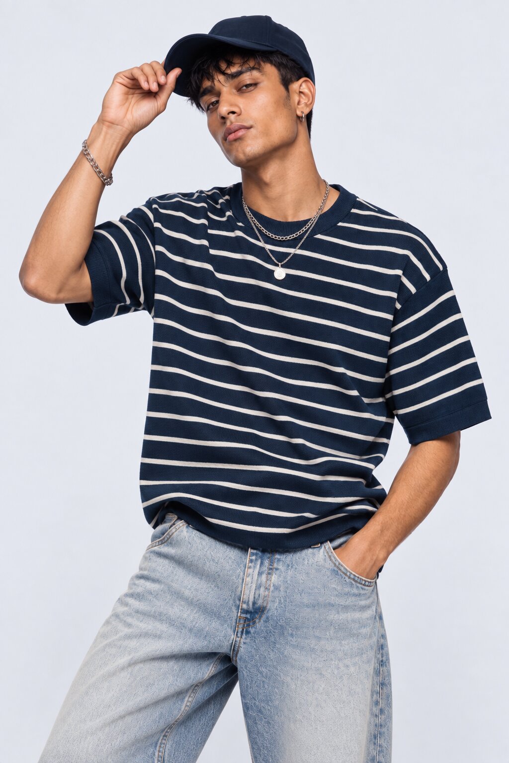 Mens Navy Striped Cotton Blend T-Shirt - Image 1