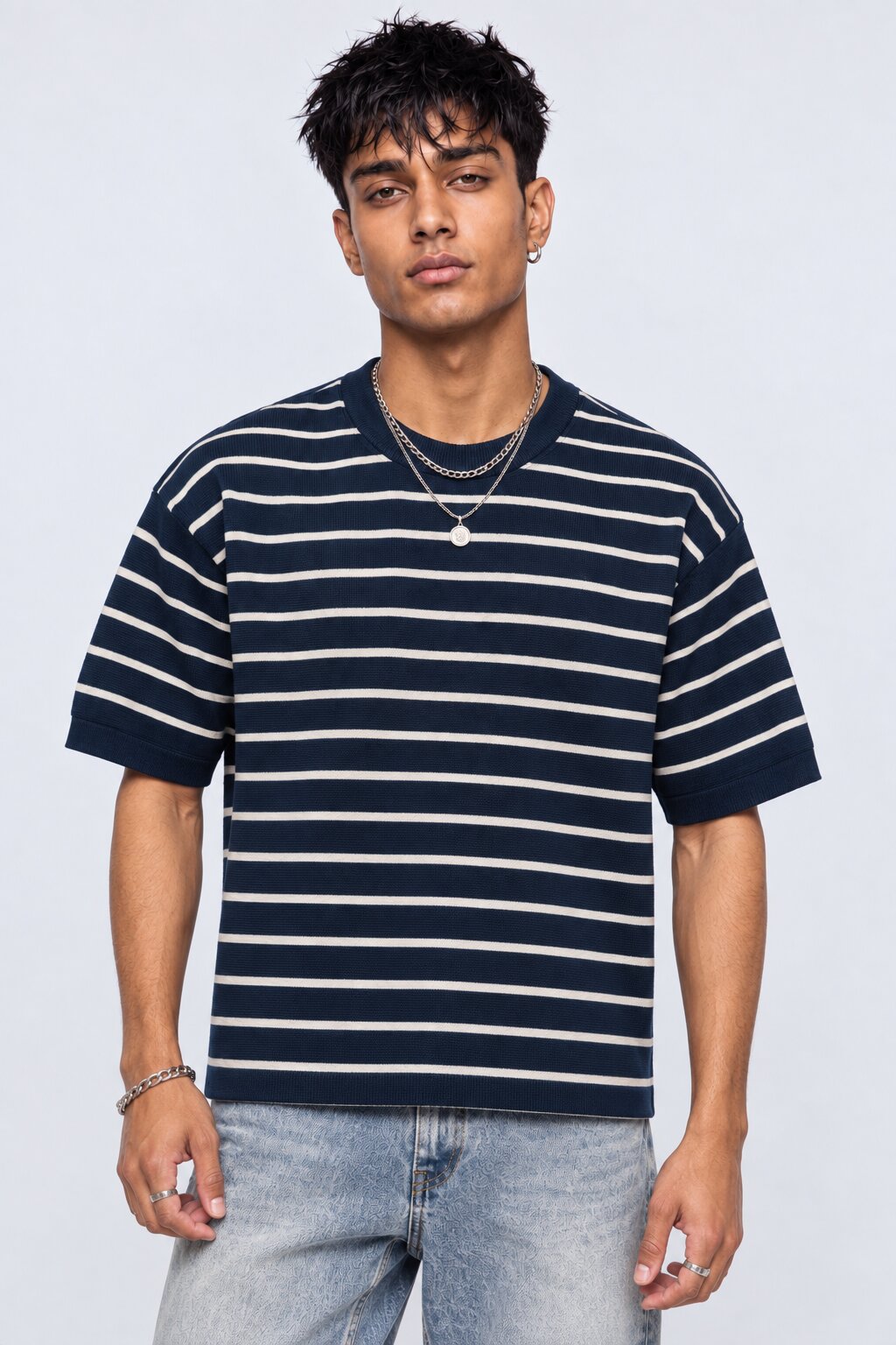 Mens Navy Striped Cotton Blend T-Shirt - Image 2