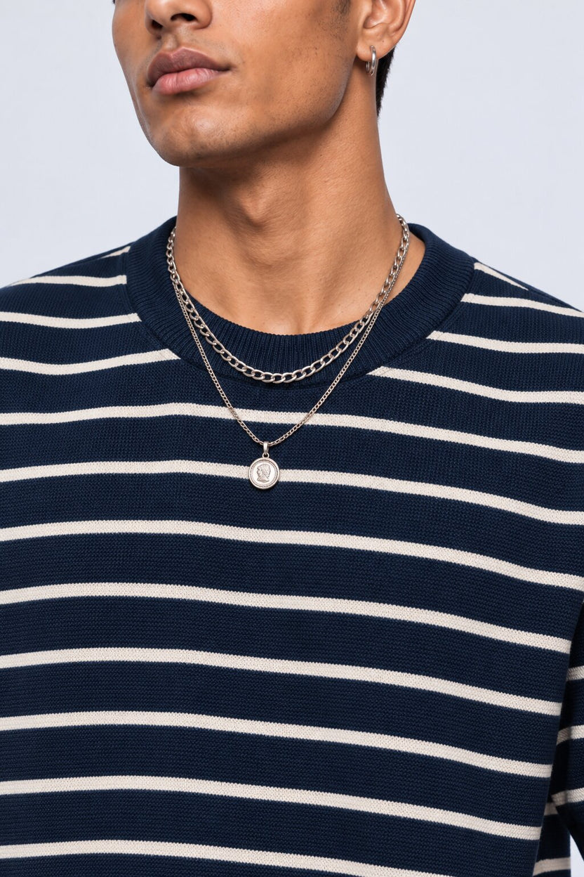 Mens Navy Striped Cotton Blend T-Shirt - Image 3