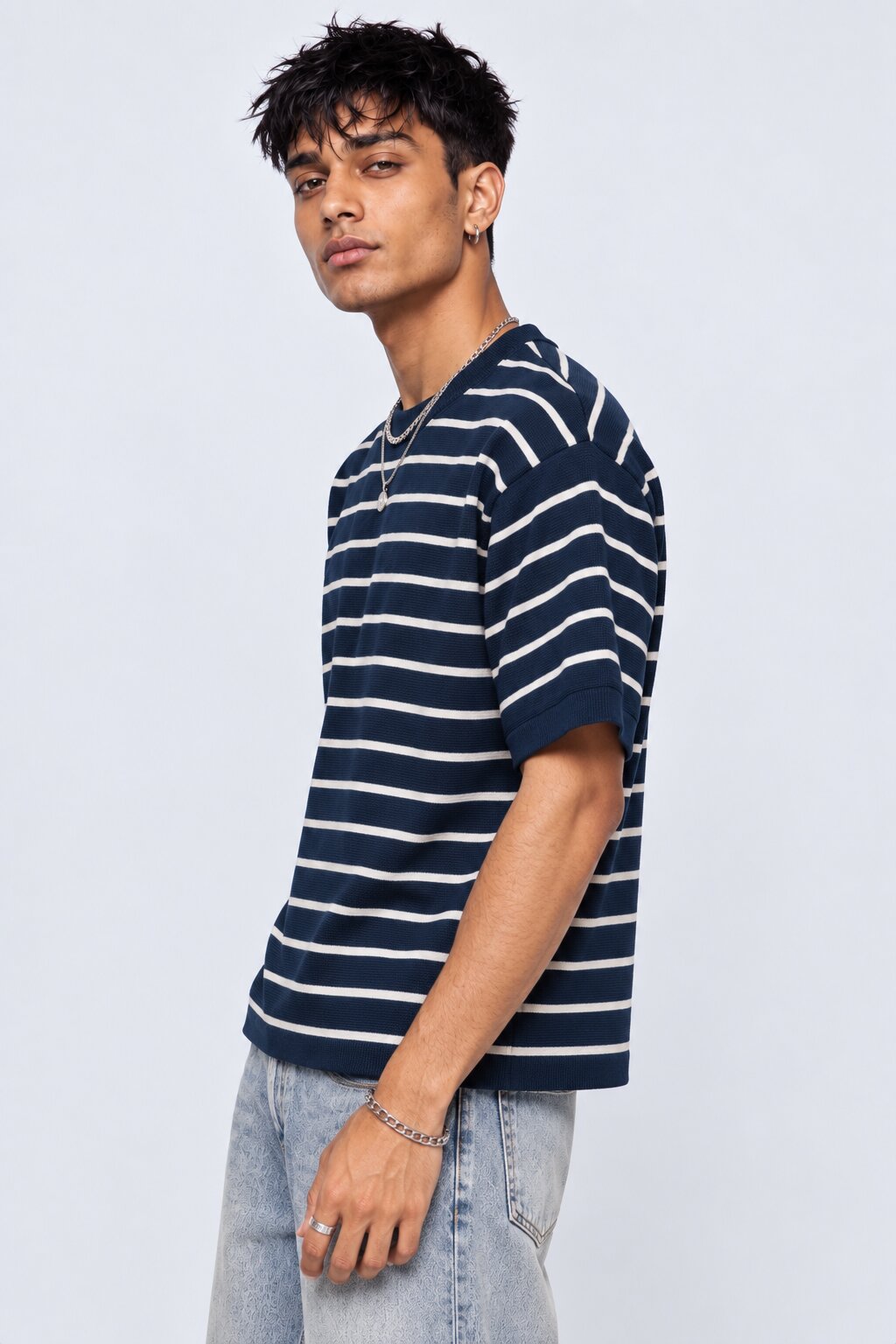 Mens Navy Striped Cotton Blend T-Shirt - Image 4