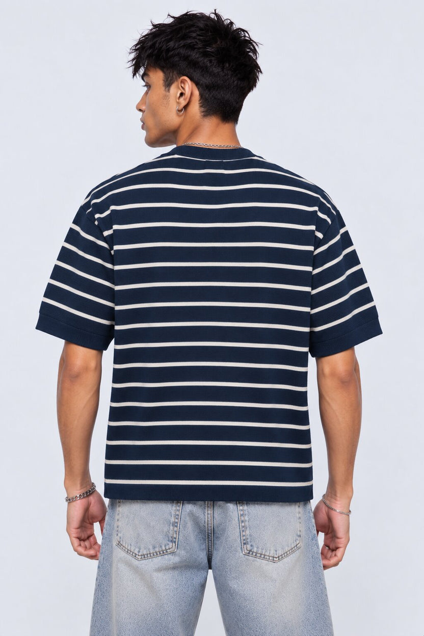 Mens Navy Striped Cotton Blend T-Shirt - Image 5