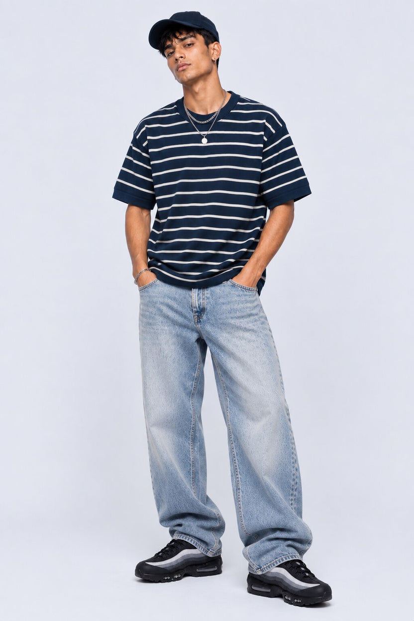 Mens Navy Striped Cotton Blend T-Shirt - Image 6