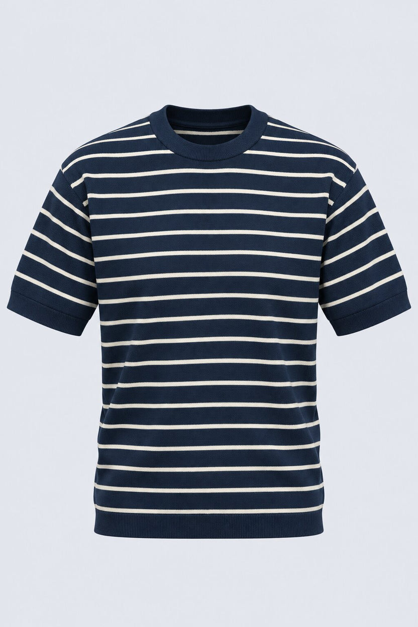 Mens Navy Striped Cotton Blend T-Shirt - Image 7