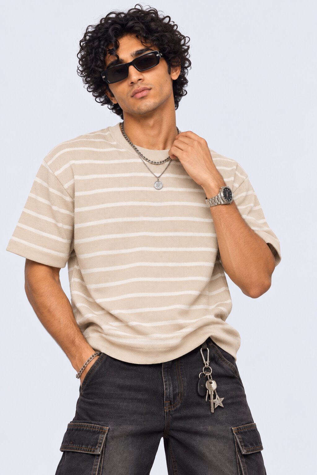 Mens Beige Striped Cotton Blend T-Shirt - Image 1