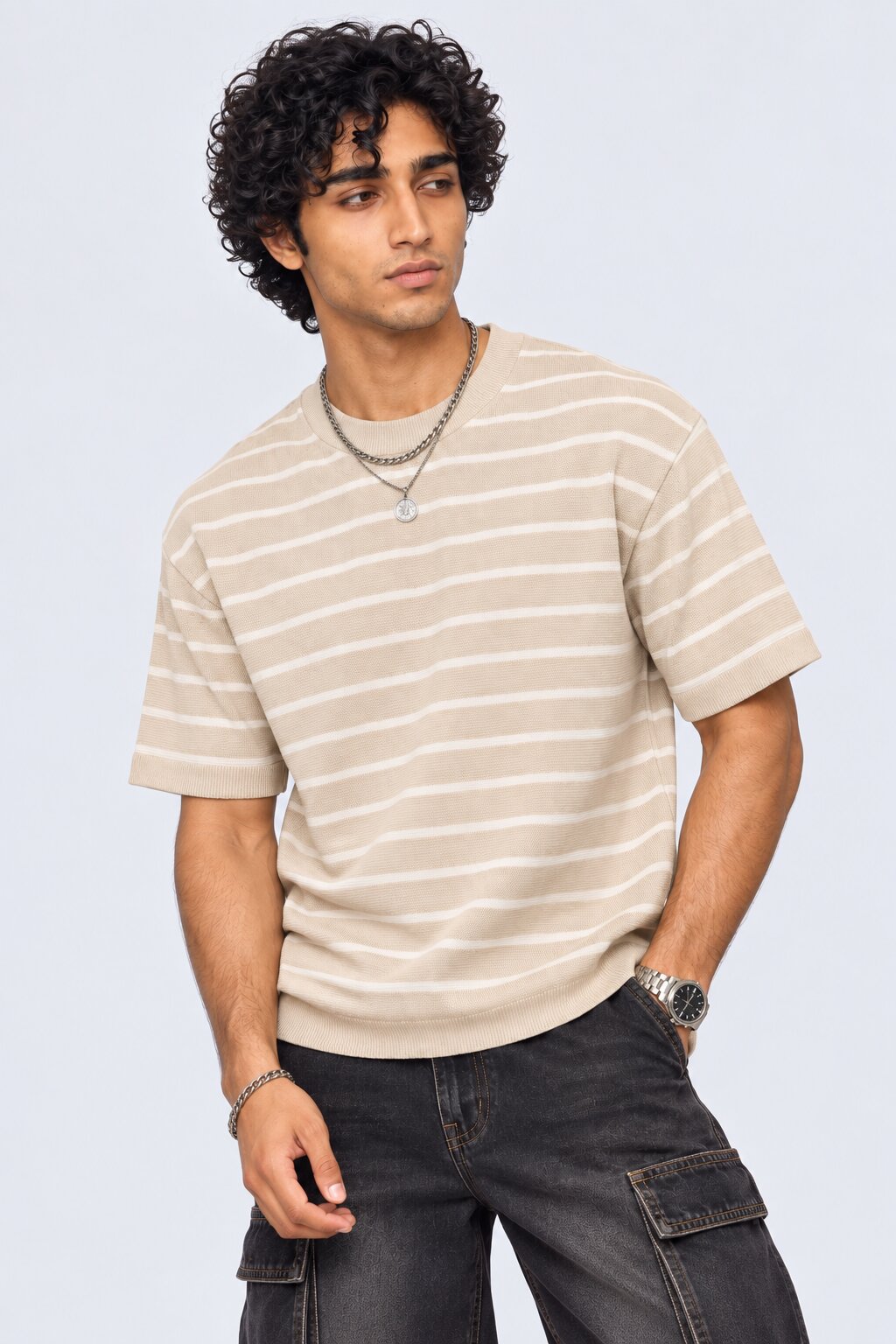Mens Beige Striped Cotton Blend T-Shirt - Image 2