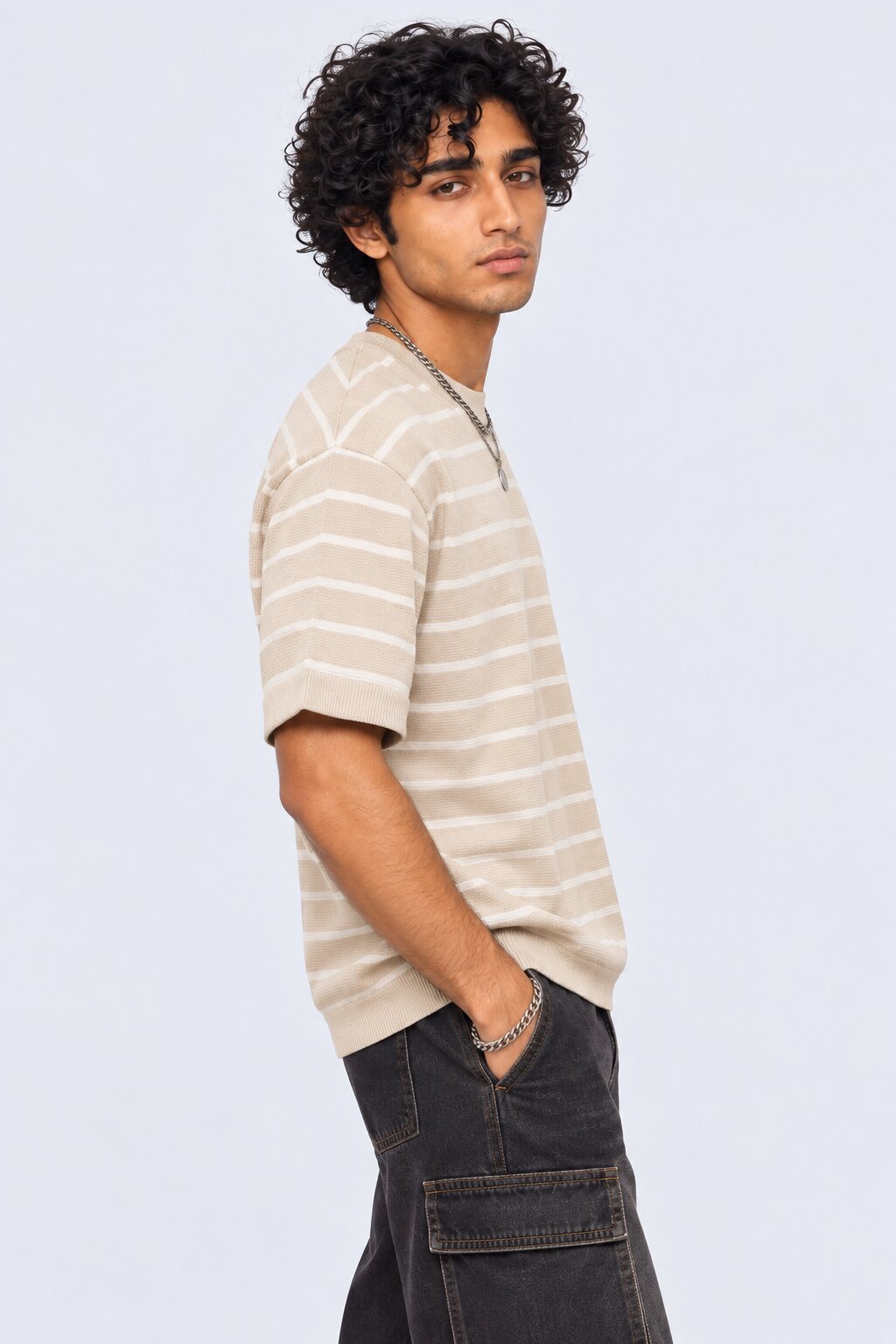 Mens Beige Striped Cotton Blend T-Shirt - Image 4