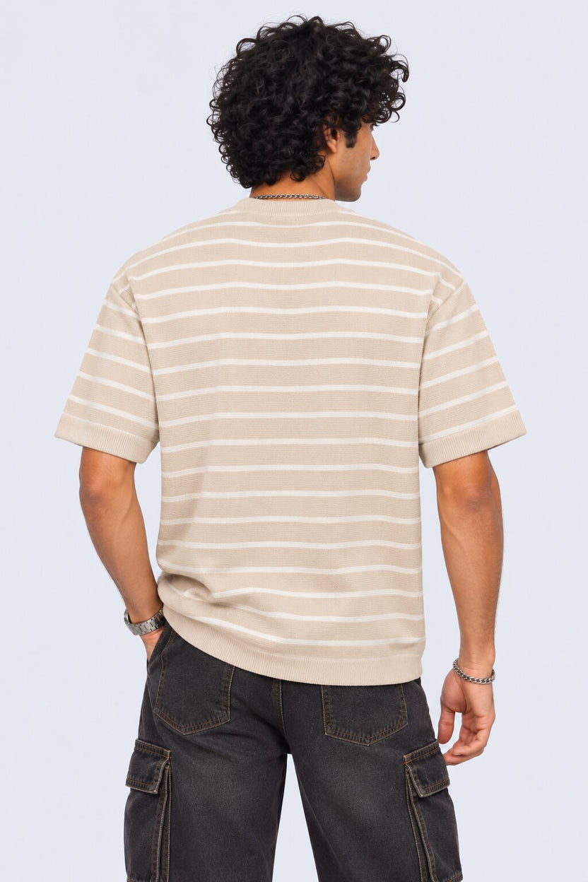 Mens Beige Striped Cotton Blend T-Shirt - Image 5