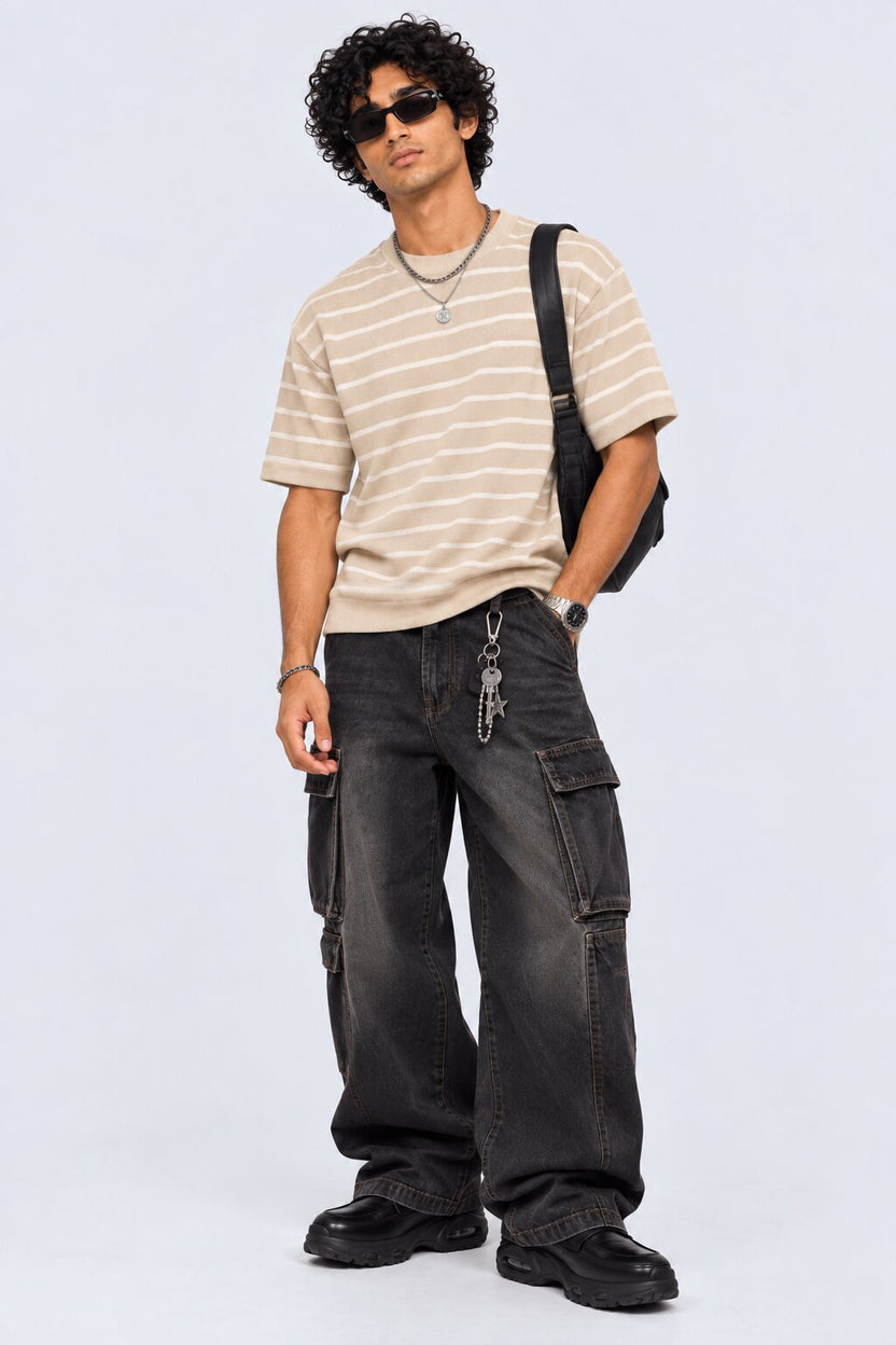 Mens Beige Striped Cotton Blend T-Shirt - Image 6