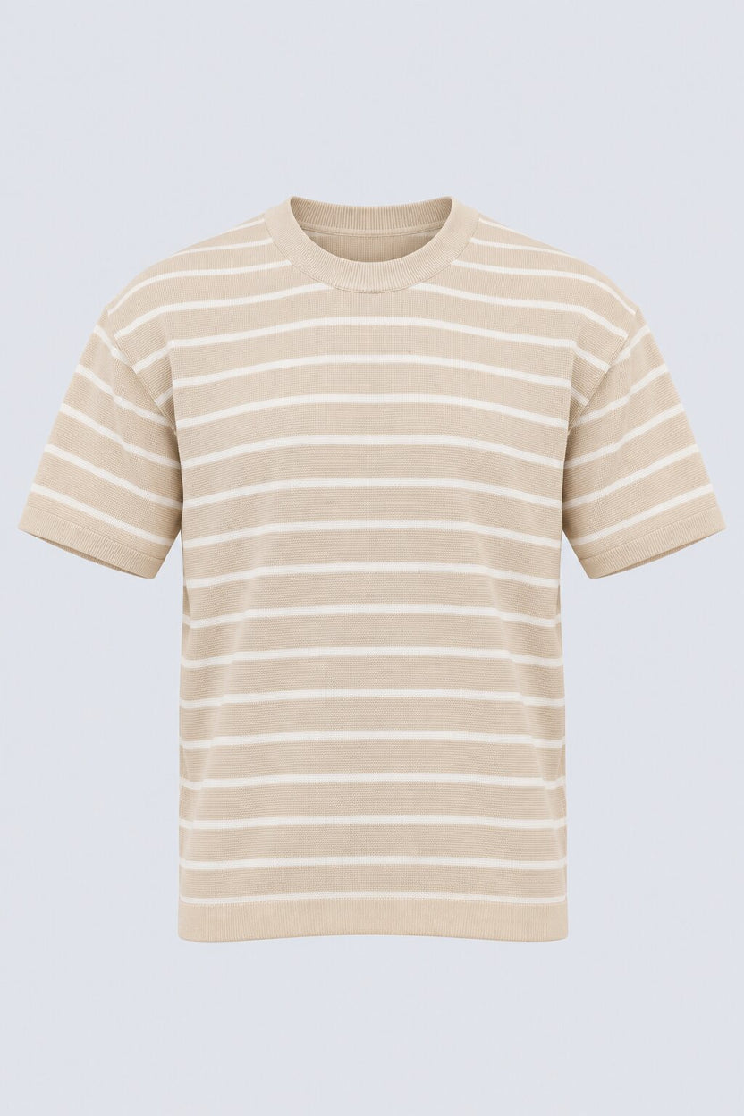Mens Beige Striped Cotton Blend T-Shirt - Image 7