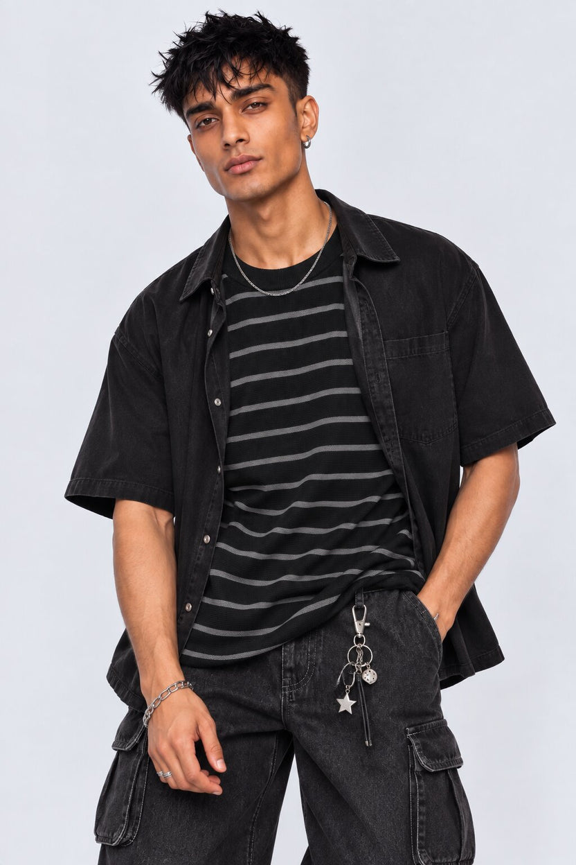 Mens Charcoal Striped Cotton Blend T-Shirt - Image 1