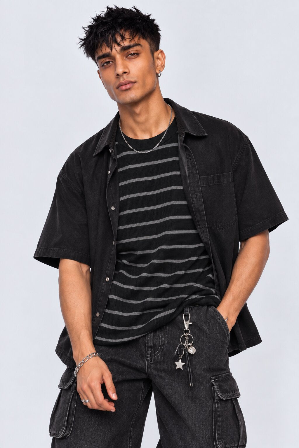 Mens Charcoal Striped Cotton Blend T-Shirt - Image 1