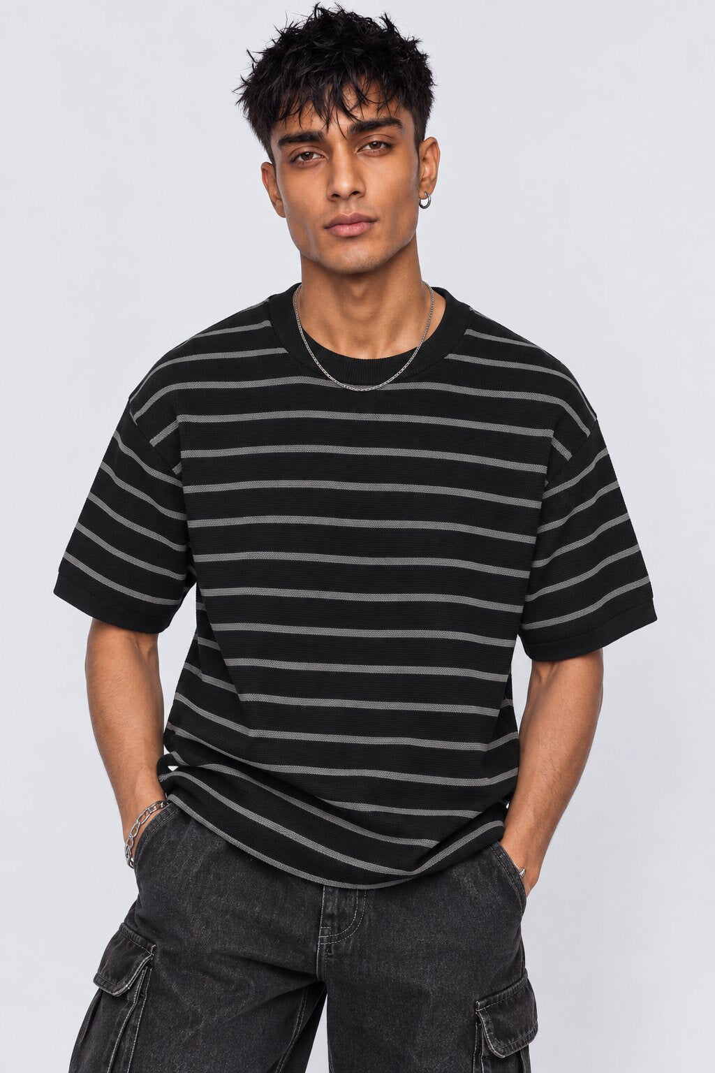 Mens Charcoal Striped Cotton Blend T-Shirt - Image 2