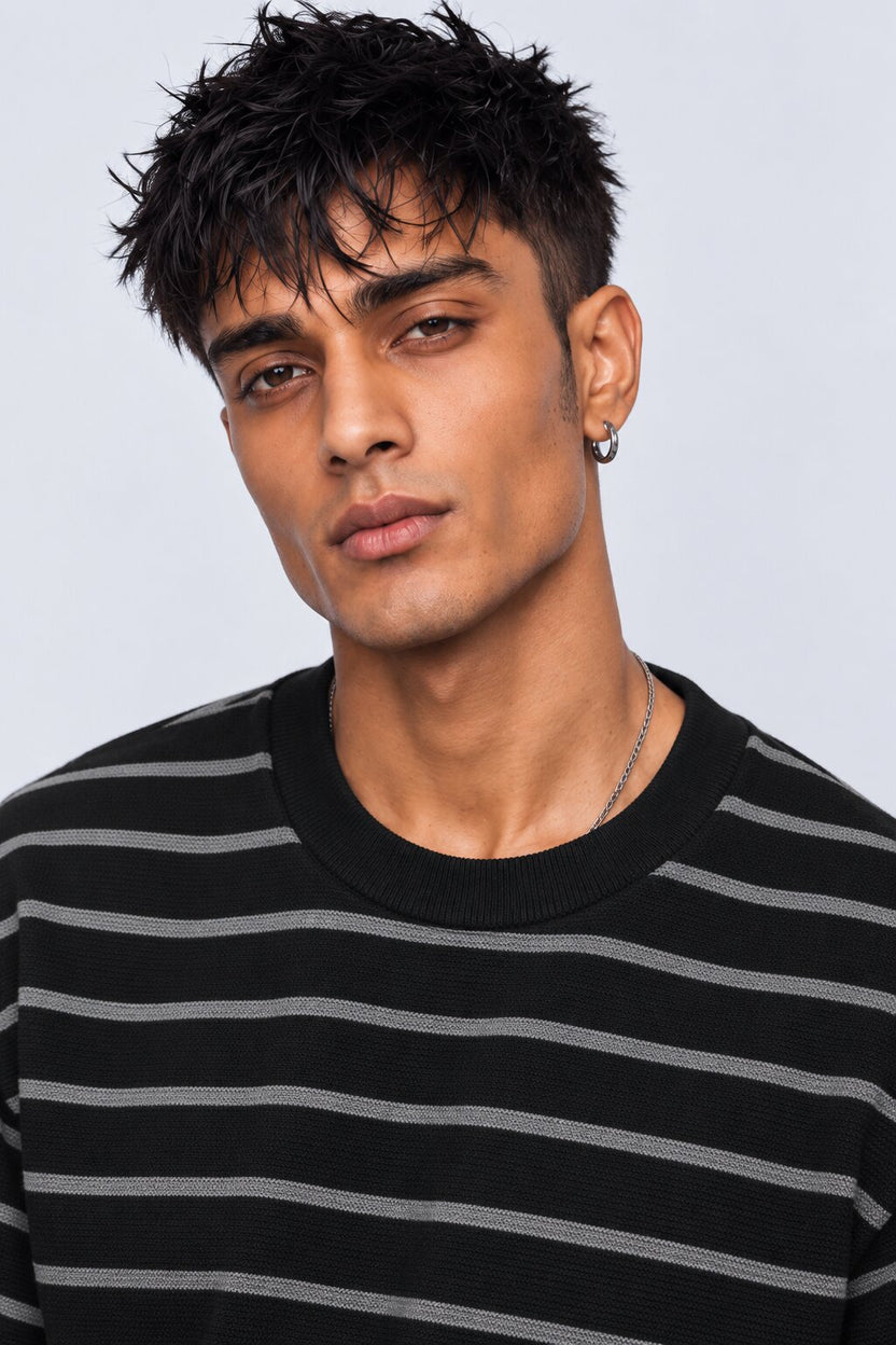 Mens Charcoal Striped Cotton Blend T-Shirt - Image 3