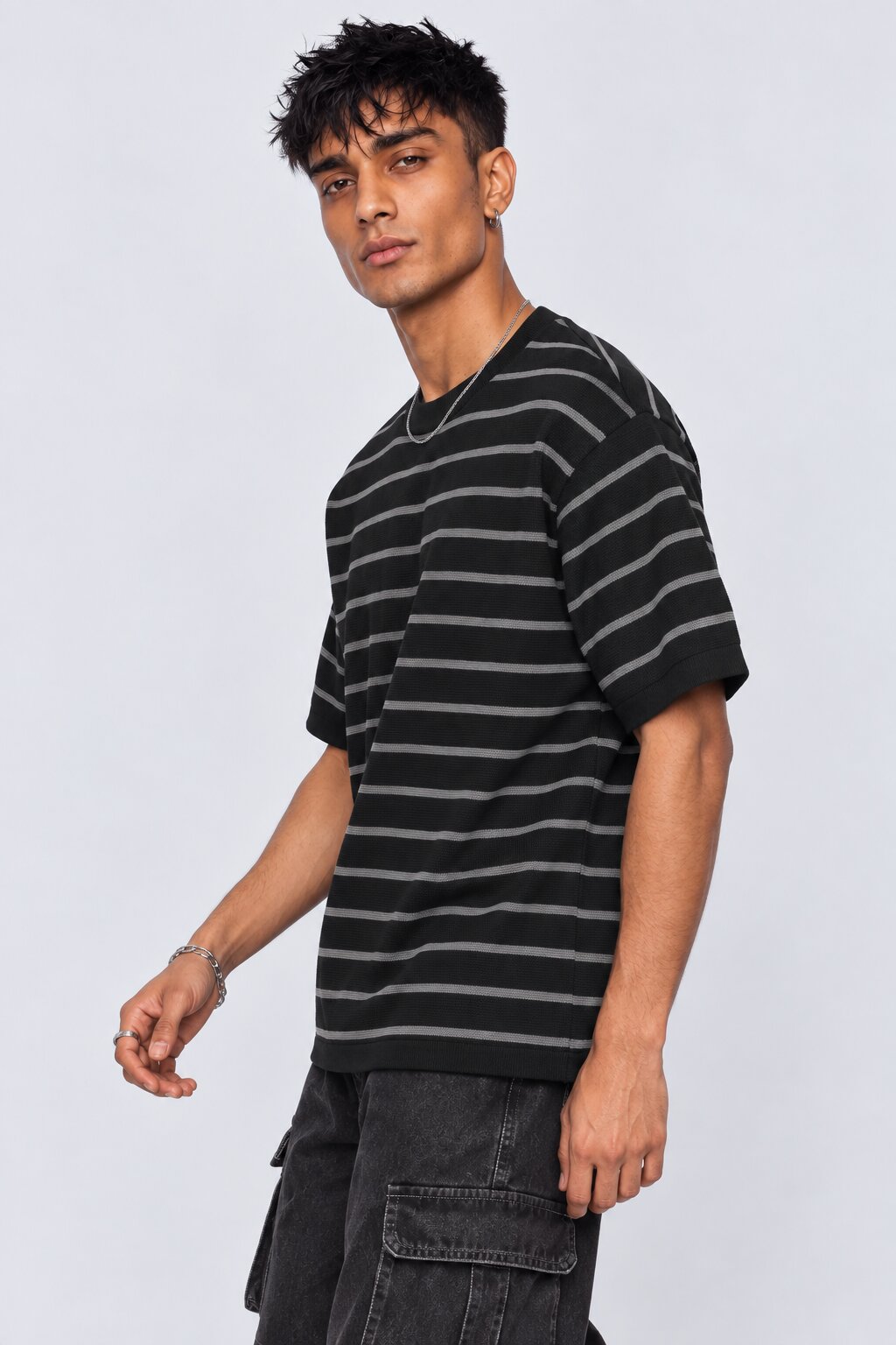 Mens Charcoal Striped Cotton Blend T-Shirt - Image 4