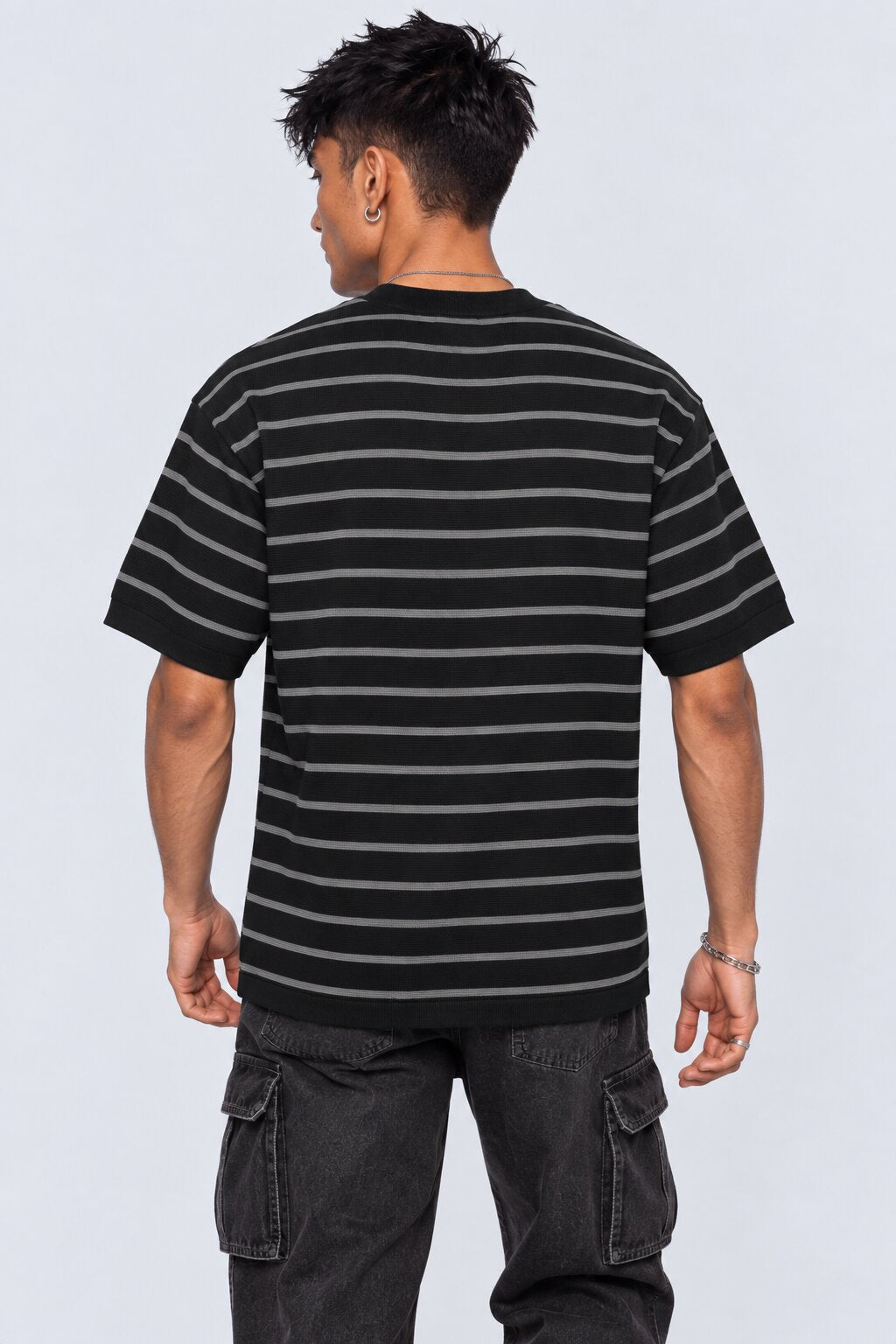 Mens Charcoal Striped Cotton Blend T-Shirt - Image 5