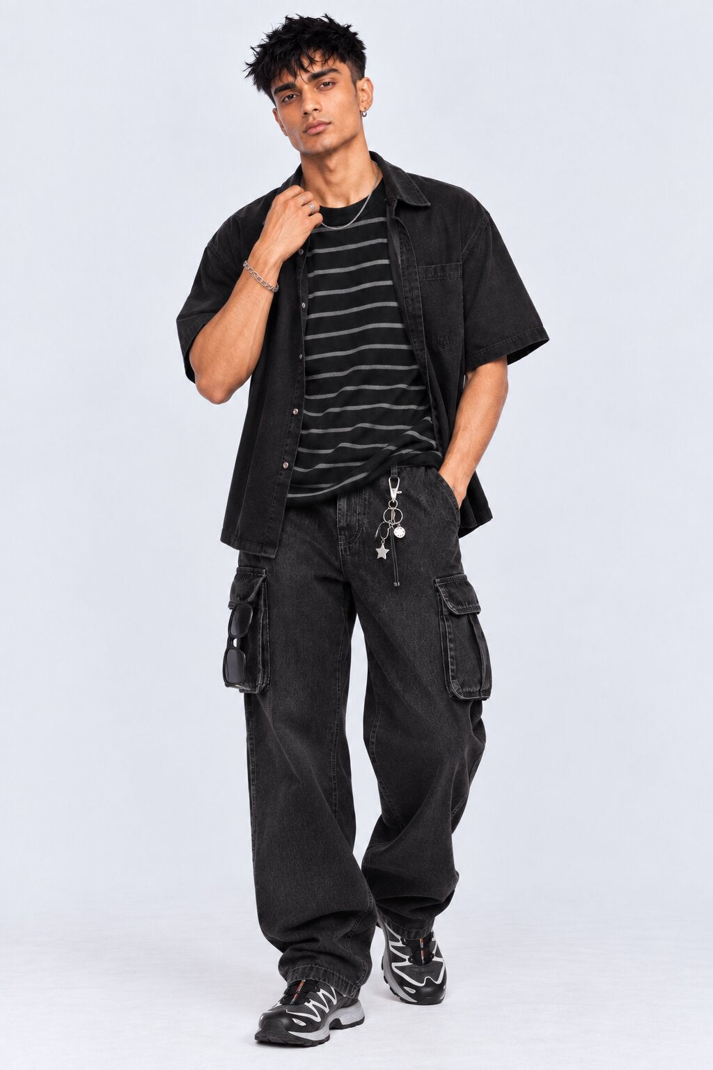 Mens Charcoal Striped Cotton Blend T-Shirt - Image 6