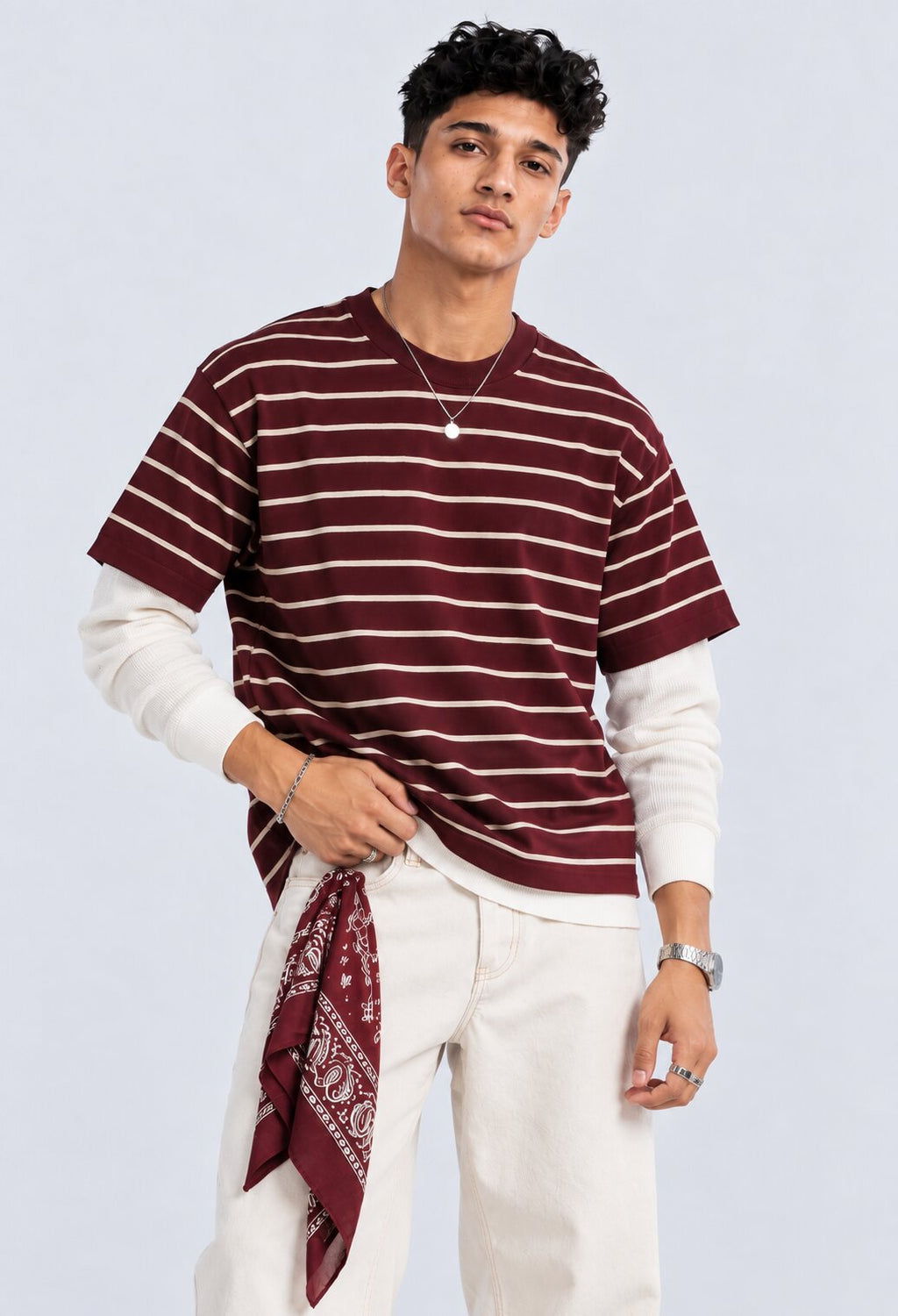 Mens Maroon Striped Cotton Blend T-Shirt - Image 1