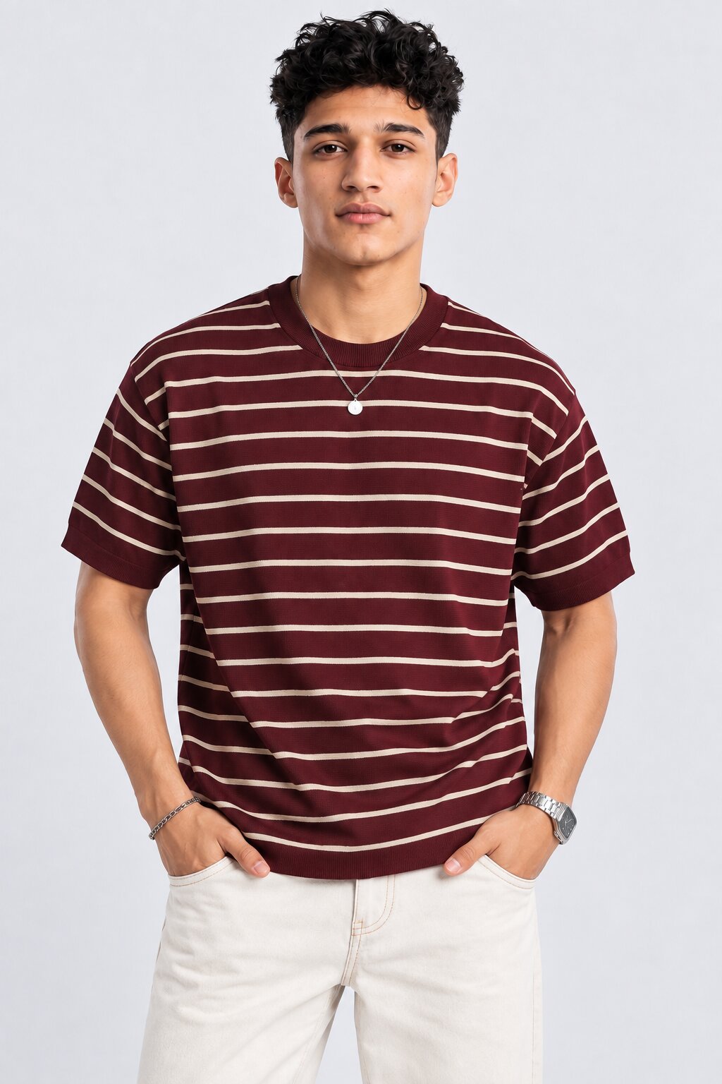 Mens Maroon Striped Cotton Blend T-Shirt - Image 2