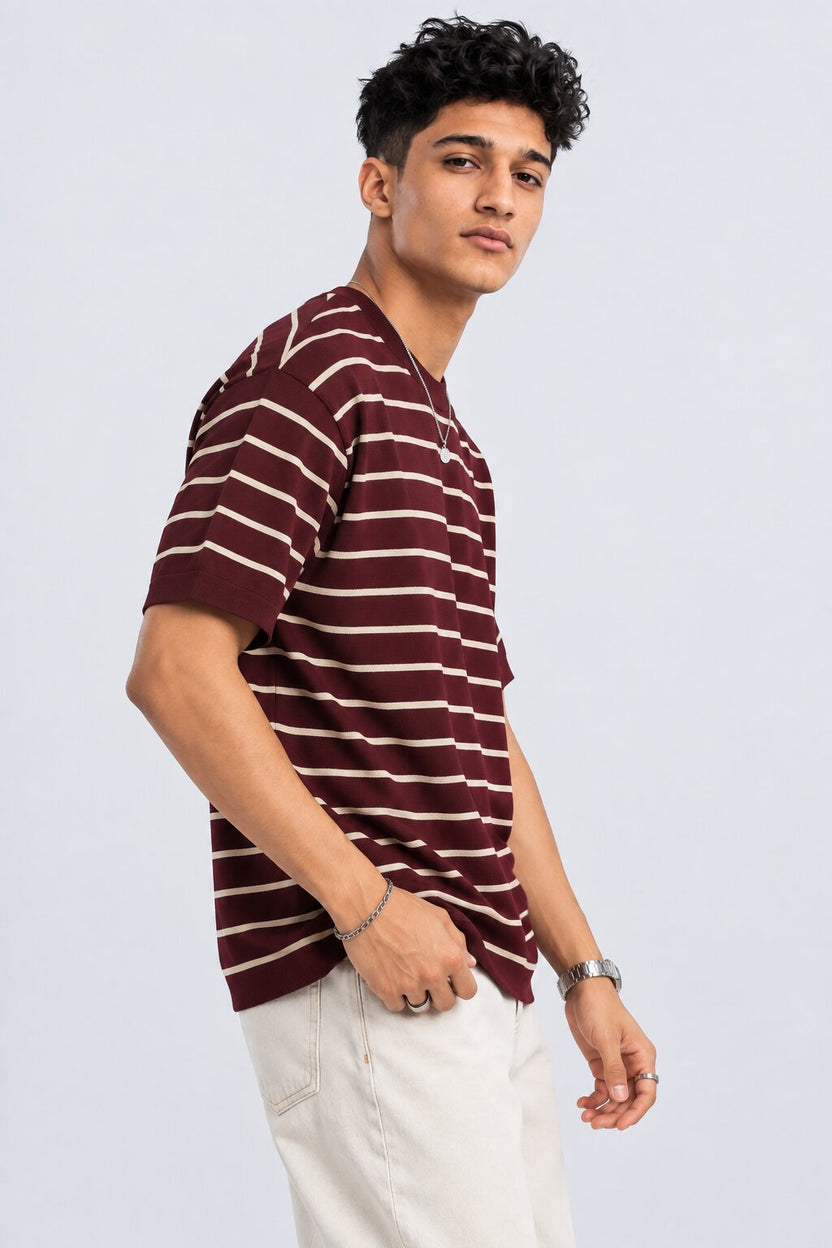 Mens Maroon Striped Cotton Blend T-Shirt - Image 4