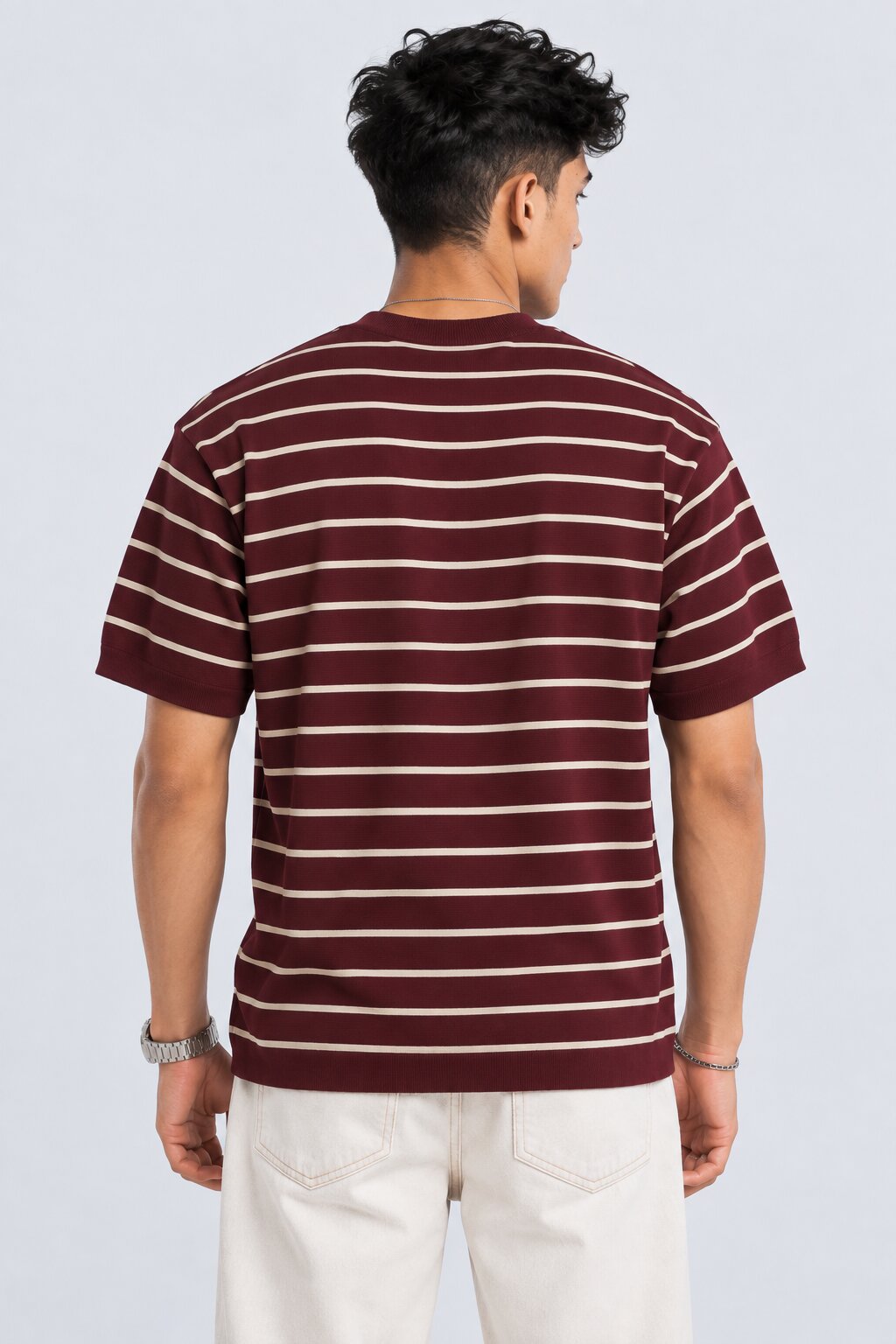 Mens Maroon Striped Cotton Blend T-Shirt - Image 5