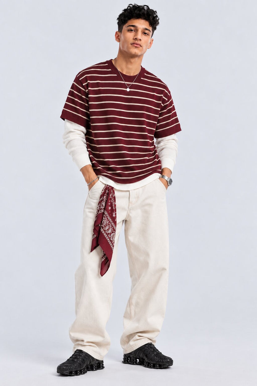 Mens Maroon Striped Cotton Blend T-Shirt - Image 6