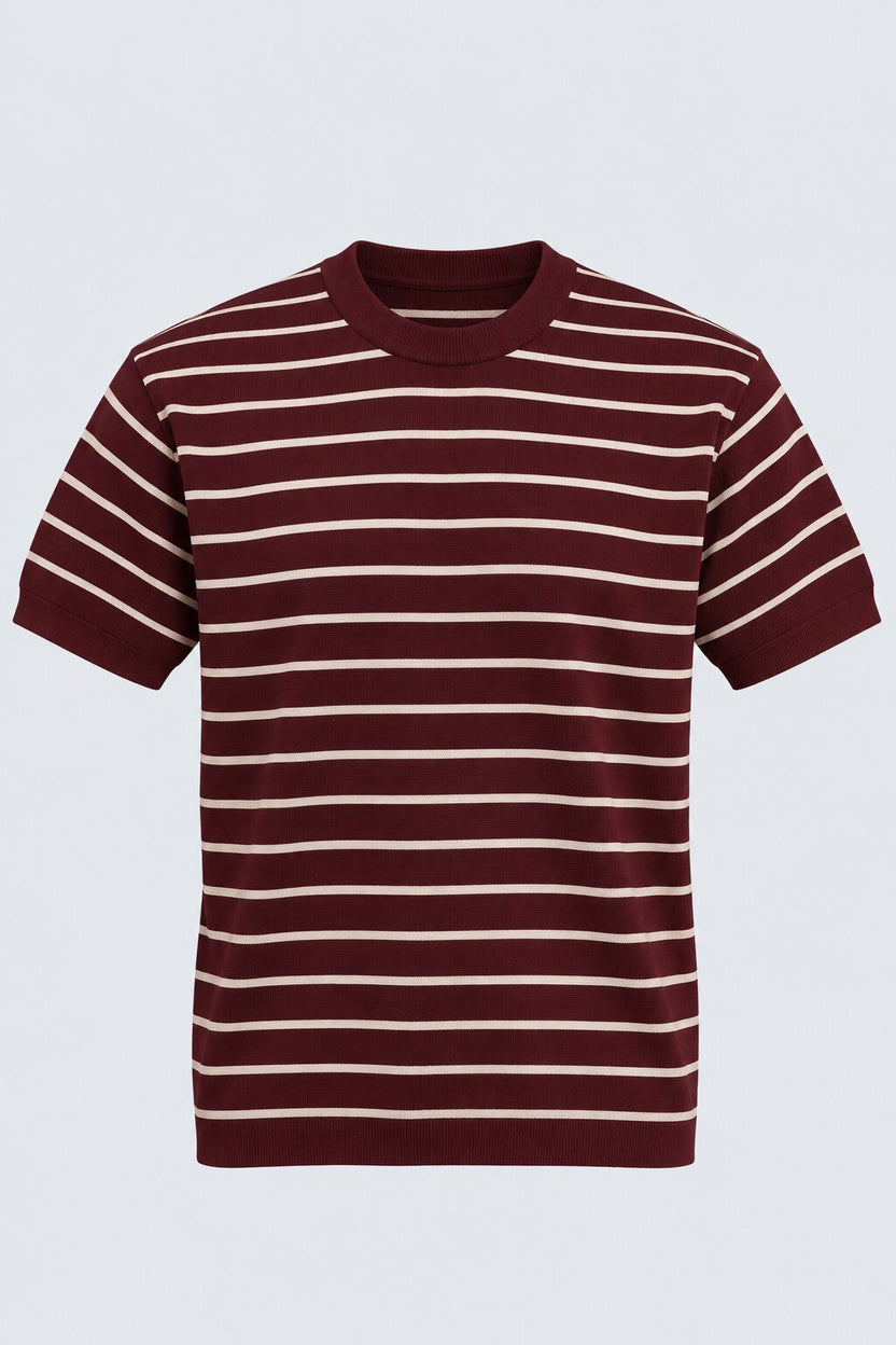 Mens Maroon Striped Cotton Blend T-Shirt - Image 7